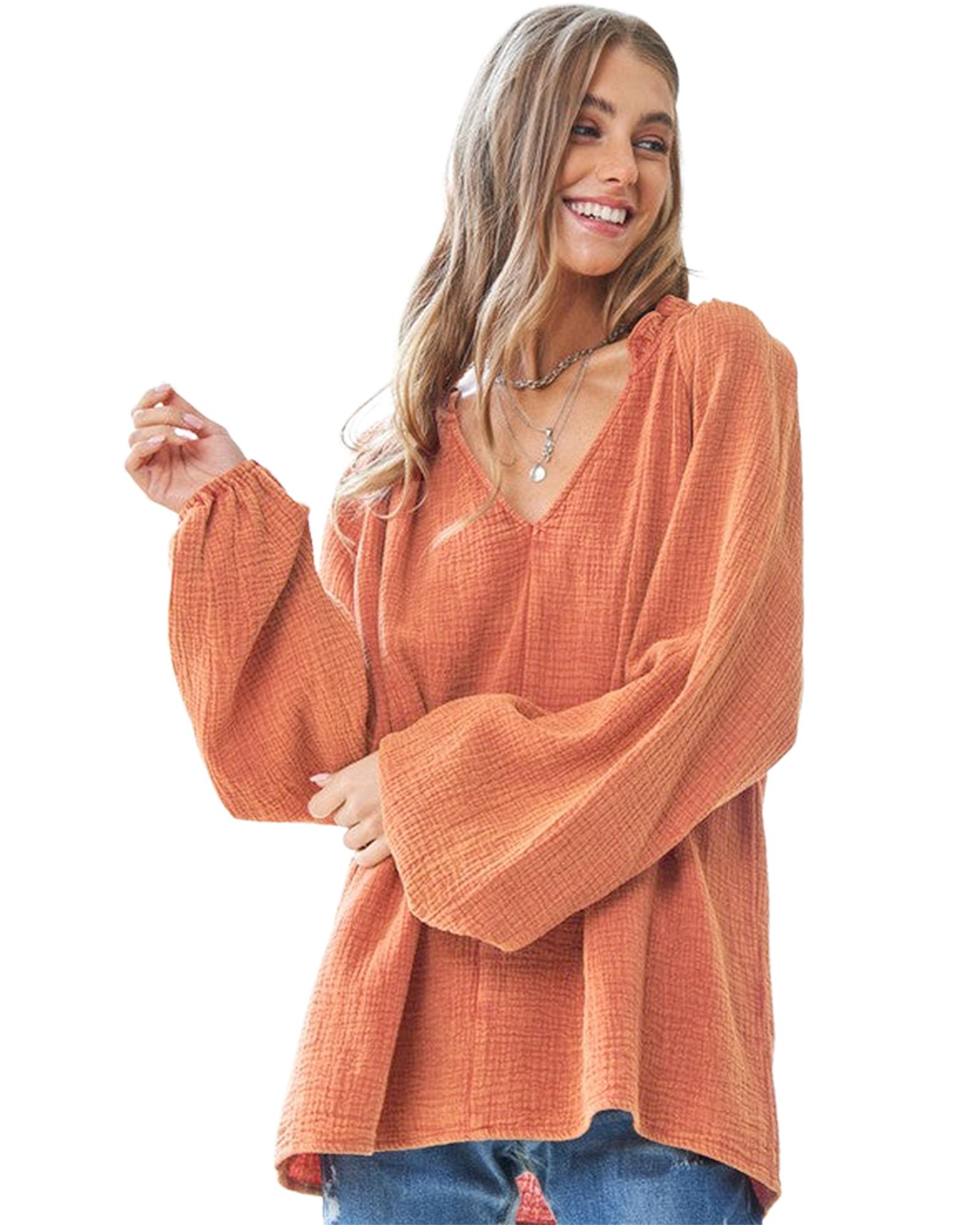 V539-AZEXDC25124711-P14-S-202508272055-00 Orange Crinkle Textured Frill Split Neck Puff Sleeve Blouse - S - Image 1