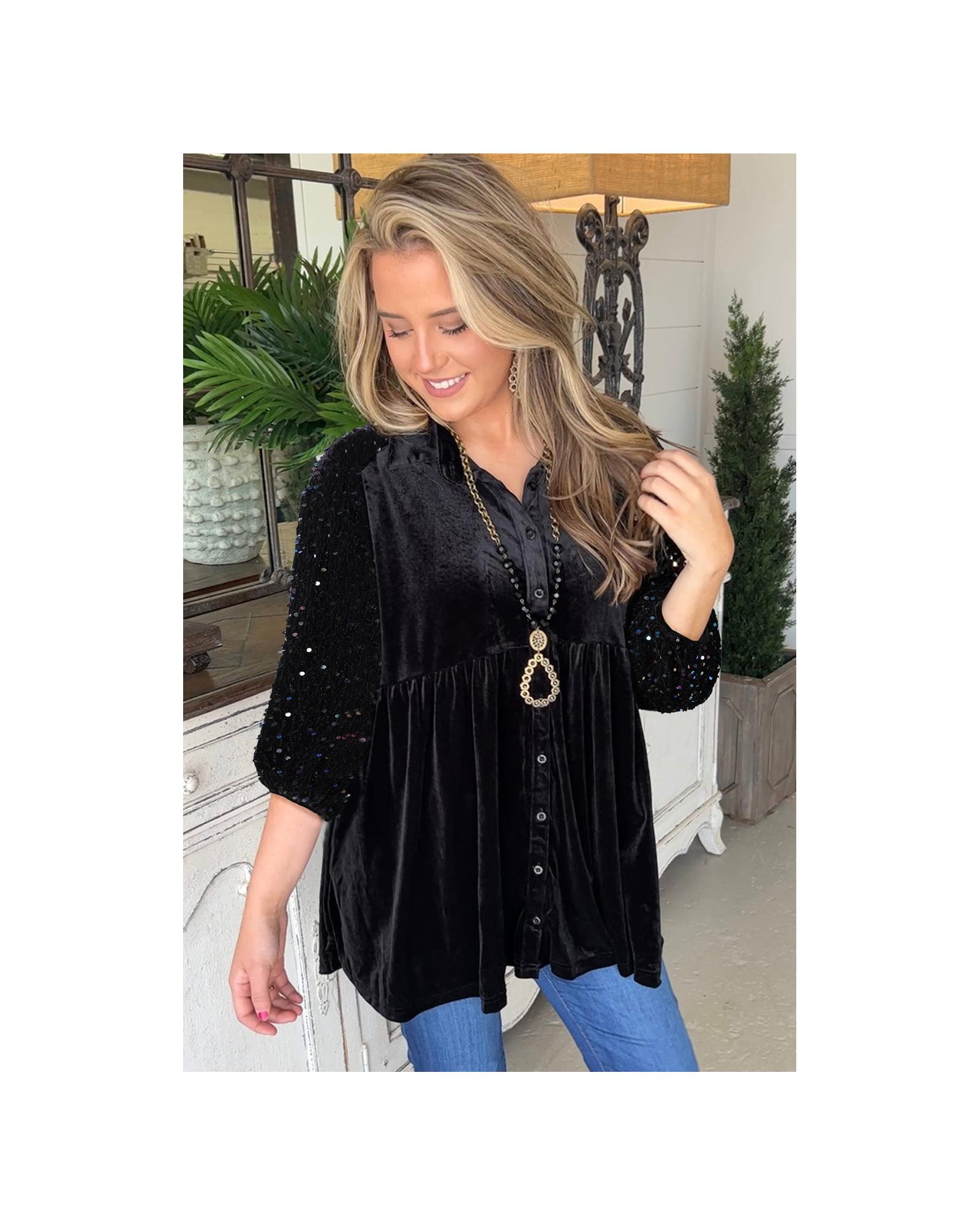 V539-AZEXDC25124856-P2-XL-202508271010-00 Black Sequin Puff Sleeve Buttoned Velvet Peplum Shirt - XL - Image 1