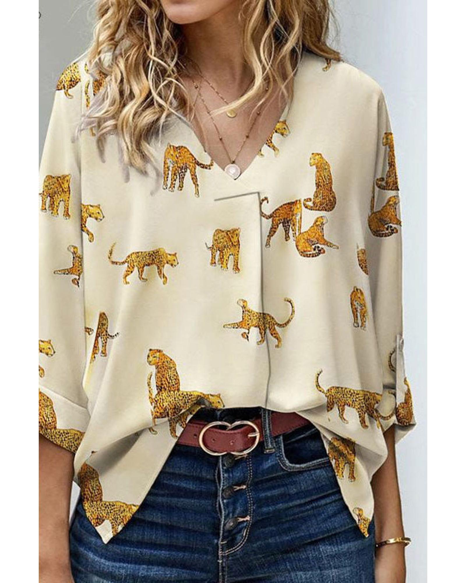 V539-AZEXDC25125349-P1820-S-202506112222-00 Apricot Printed Leopard Print Tab Sleeve Loose Fit V Neck Blouse - S - Image 1