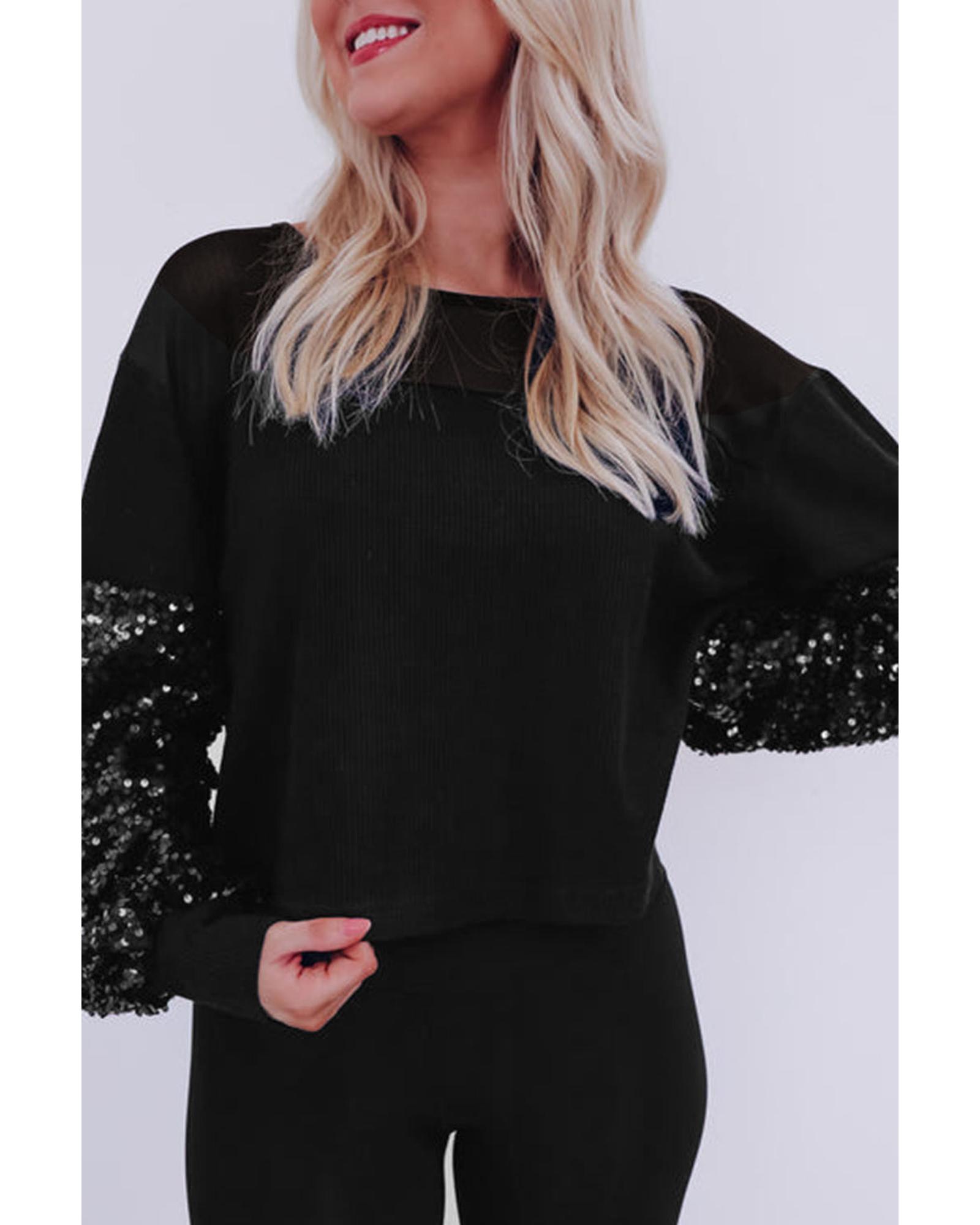 V539-AZEXDC25125845-P2-L-202508272045-00 Black Sequin Patchwork Lantern Sleeve Blouse - L - Image 1