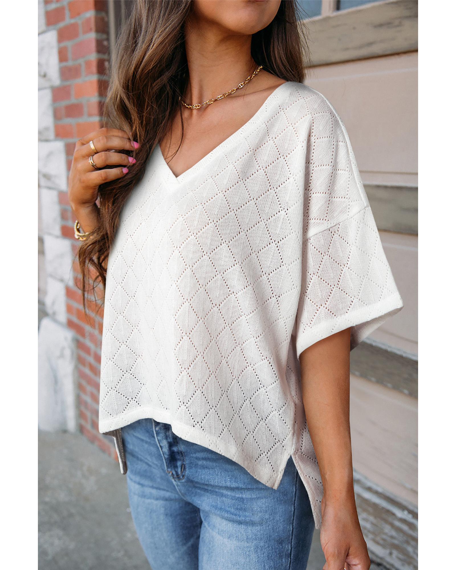 V539-AZEXDC25125917-P1-S-202506112322-00 White V Neck Knitted Flowy Blouse - S - Image 1