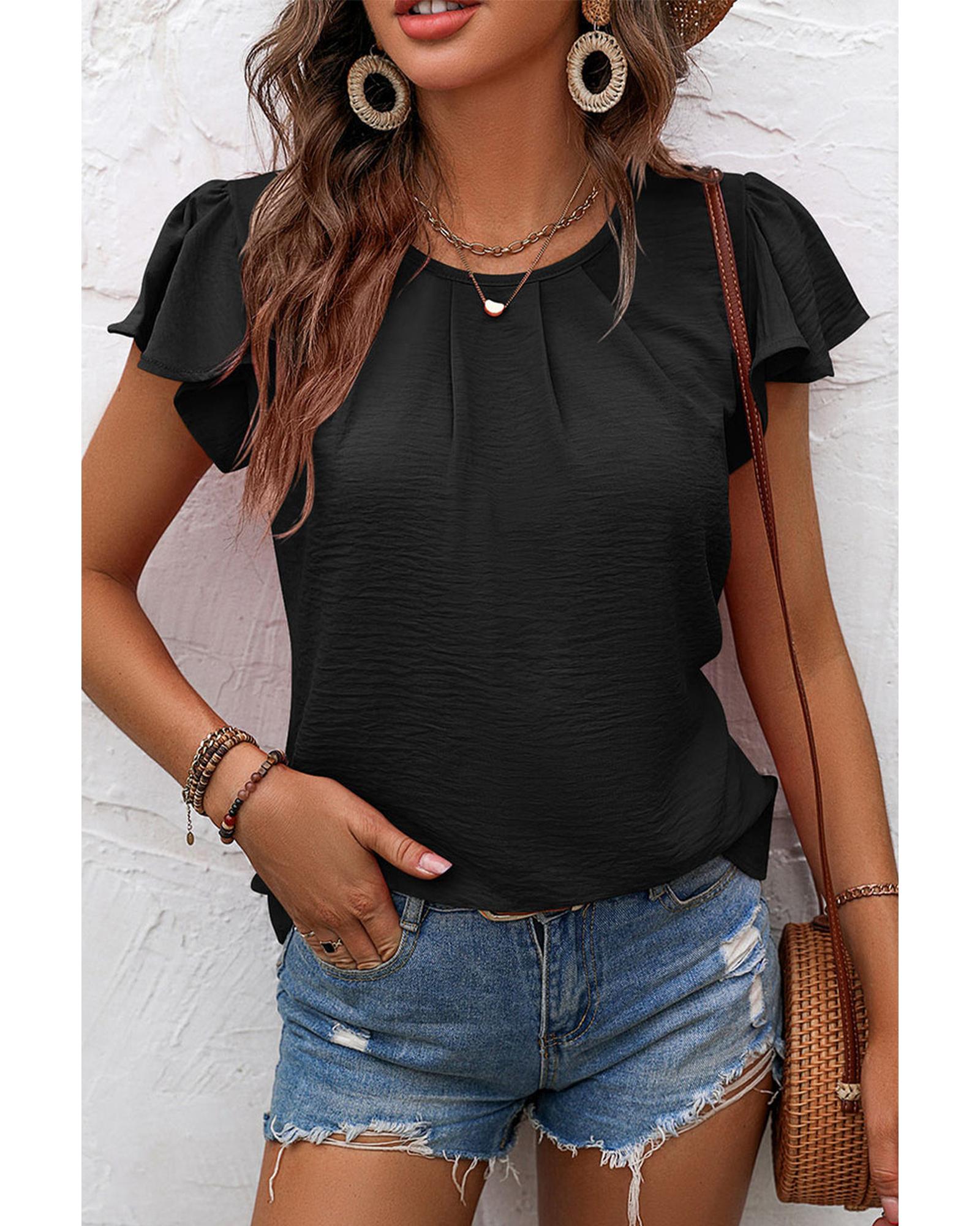 V539-AZEXDC25125918-P2-L-202508271955-00 Black Solid Color Textured Pleated Flutter Sleeve Blouse - L - Image 1