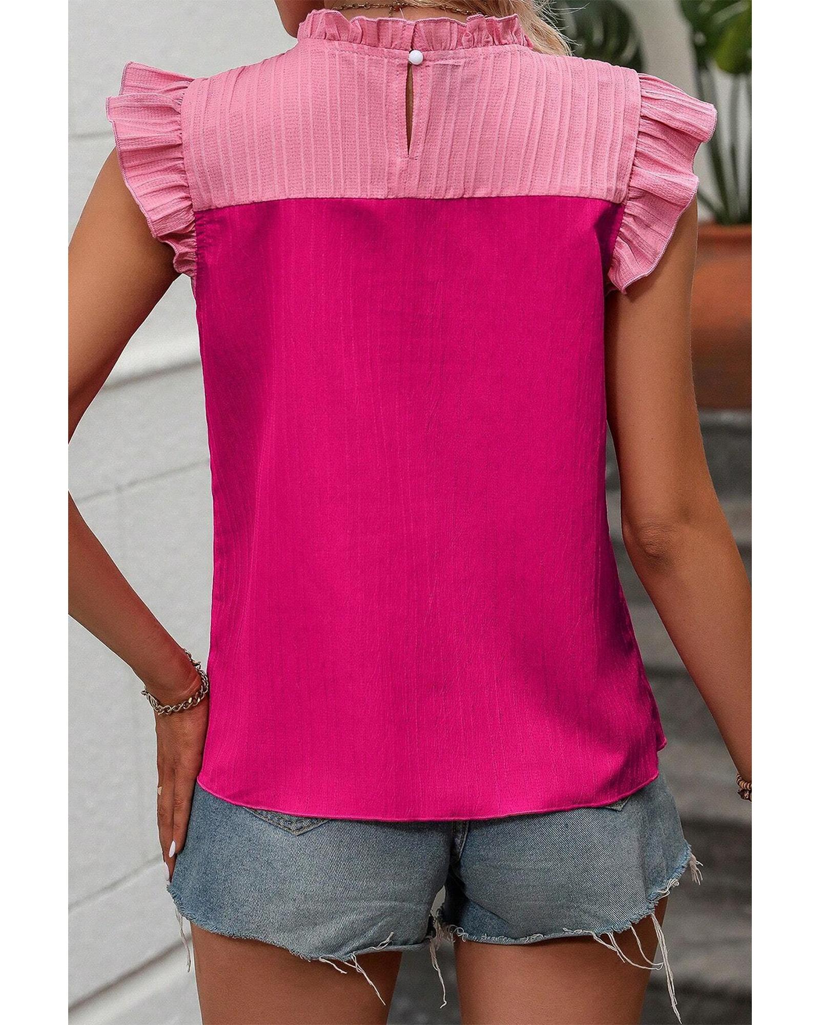 V539-AZEXDC25126006-P6-L-202508272000-00 Rose Red Two Tone Ruffled Flutter Sleeve Blouse - L - Image 1