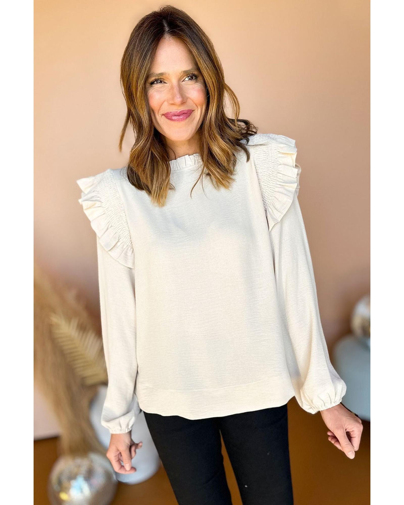 V539-AZEXDC25126020-P1-M-202508270720-00 White Frilled Neck Ruffled Trim Bubble Sleeve Blouse - M - Image 1