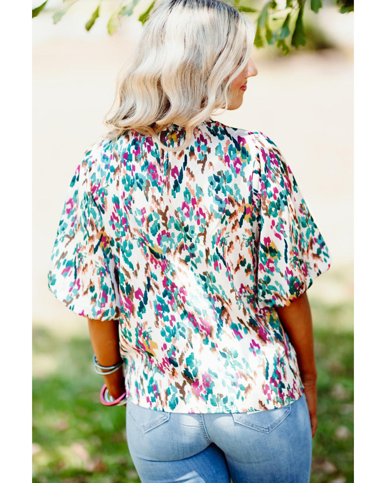 V539-AZEXDC25126121-P422-L-202508270435-00 Light Blue Abstract Print Puff Sleeve Mock Neck Blouse - L - Image 1