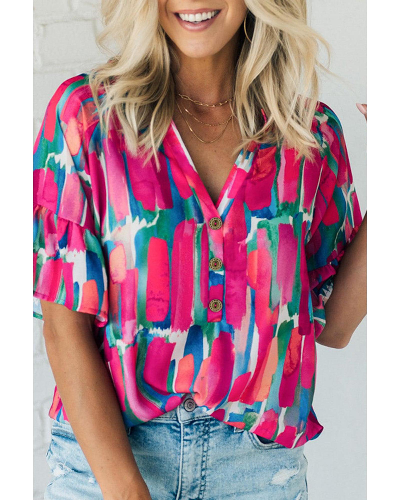 V539-AZEXDC25126206-P620-M-202508271350-00 Rose Abstract Brushwork Print Buttoned V Neck Blouse - M - Image 1