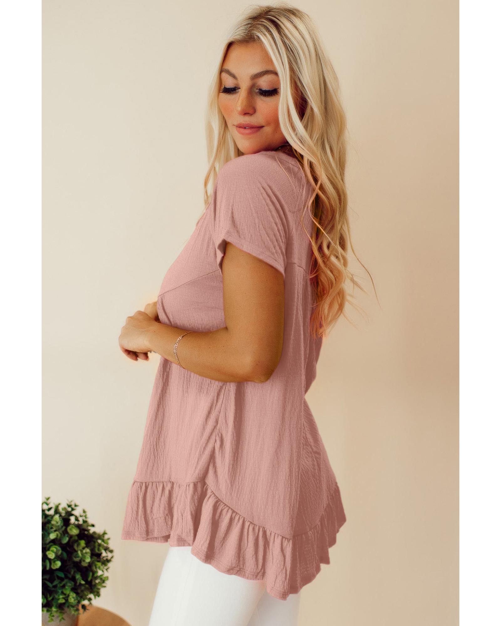 V539-AZEXDC25126217-P10-L-202508272210-00 Pink Solid Short Sleeve Ruffle Hem Top - L - Image 1