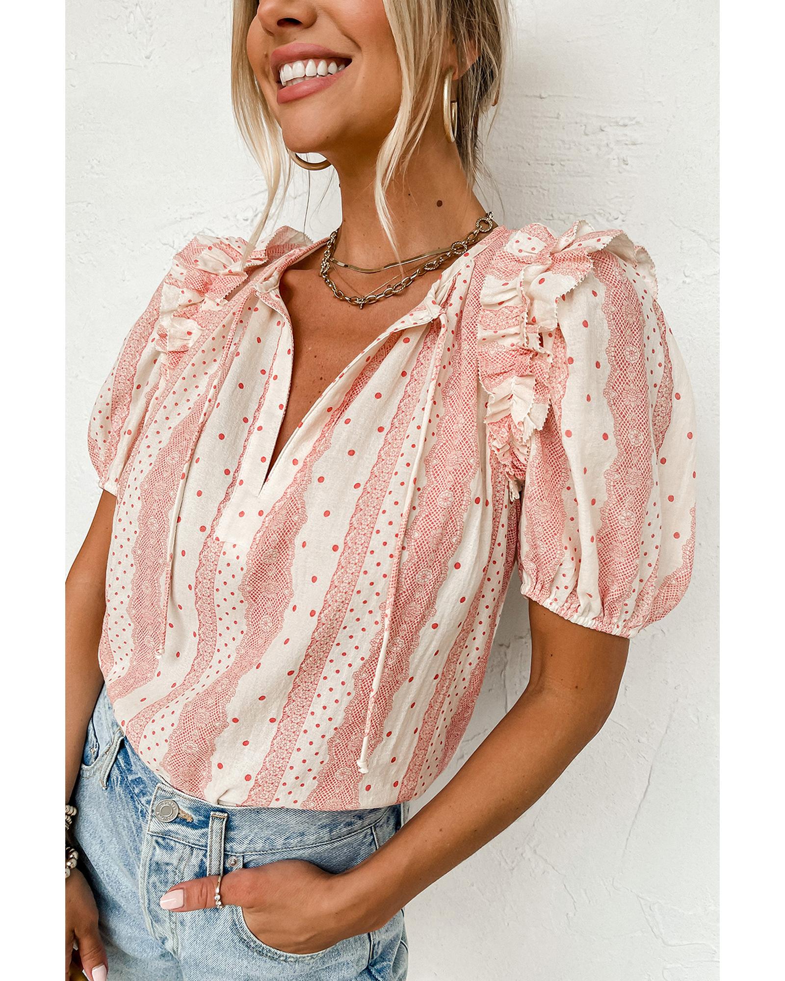V539-AZEXDC25126368-P320-S-202506120821-00 Red Frilled Short Puff Sleeve Mixed Print Blouse - S - Image 1