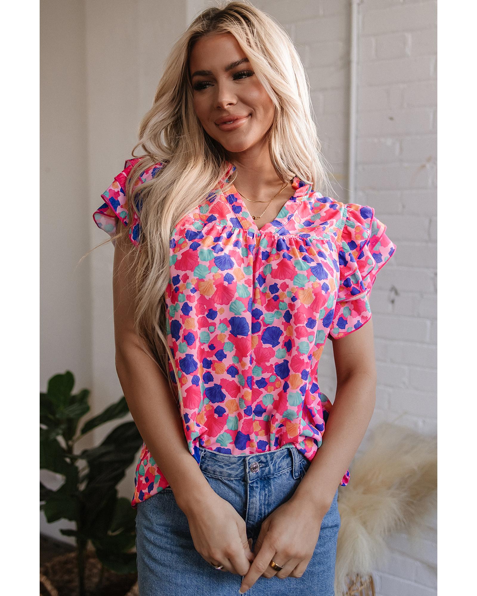 V539-AZEXDC25126678-P622-S-202506120240-00 Rose Red Abstract Print Ruffled Sleeve V Neck Blouse - S - Image 1