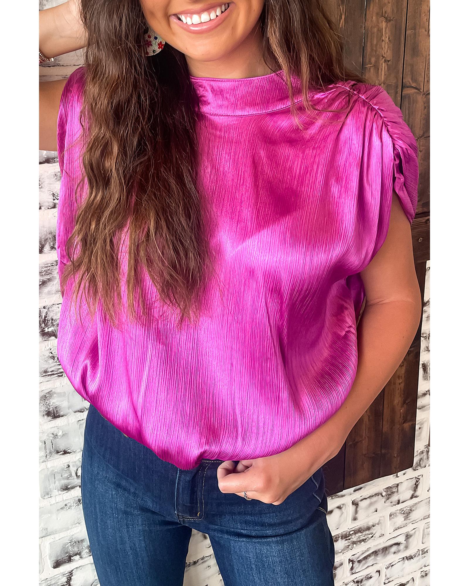 V539-AZEXDC25126790-P106-L-202506120306-00 Bright Pink Ruched Sleeves Knotted Backless Blouse - L - Image 1
