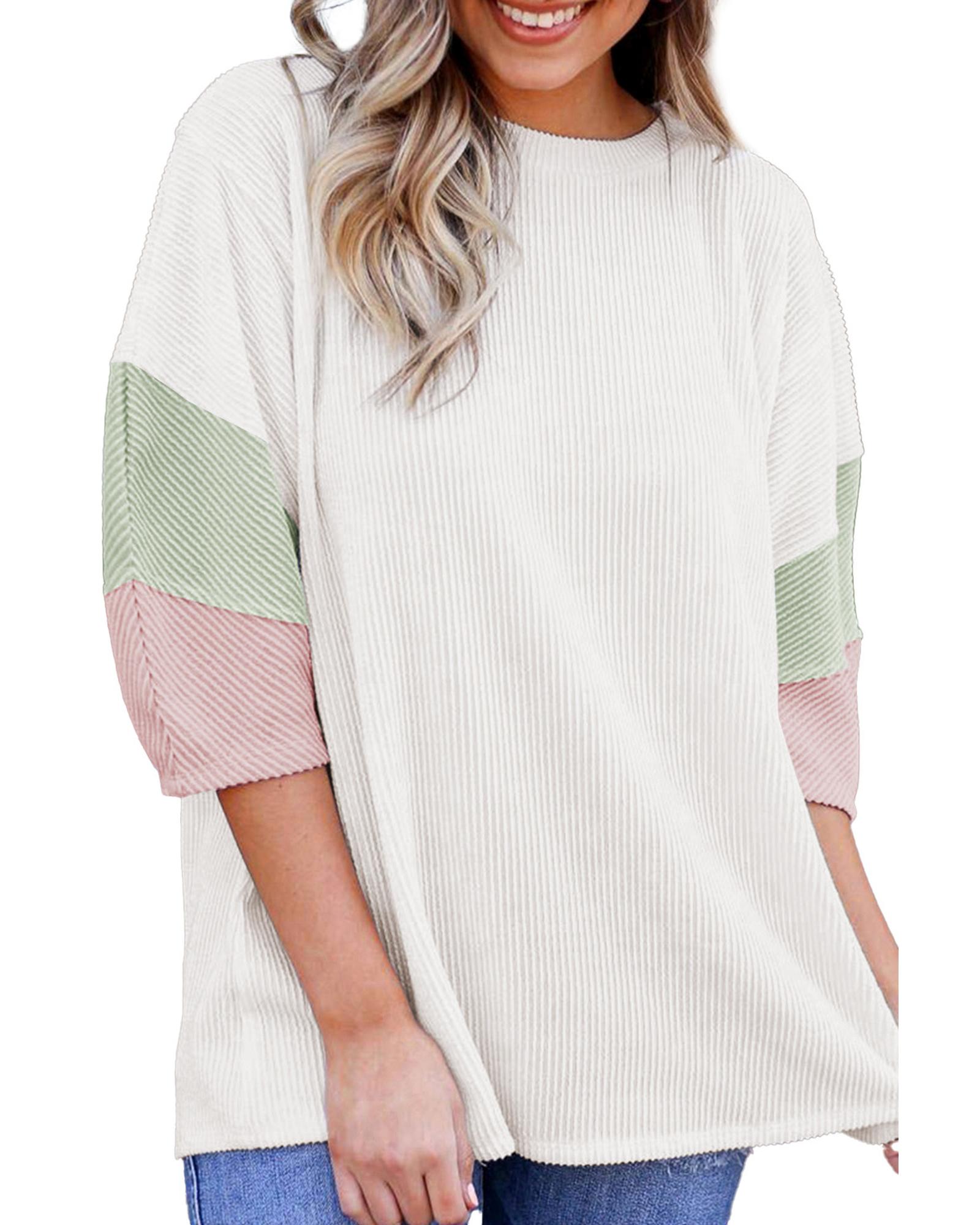 V539-AZEXDC25126903-P1-L-202508270420-00 White Color Block Ribbed Knit Quarter Sleeve Top - L - Image 1