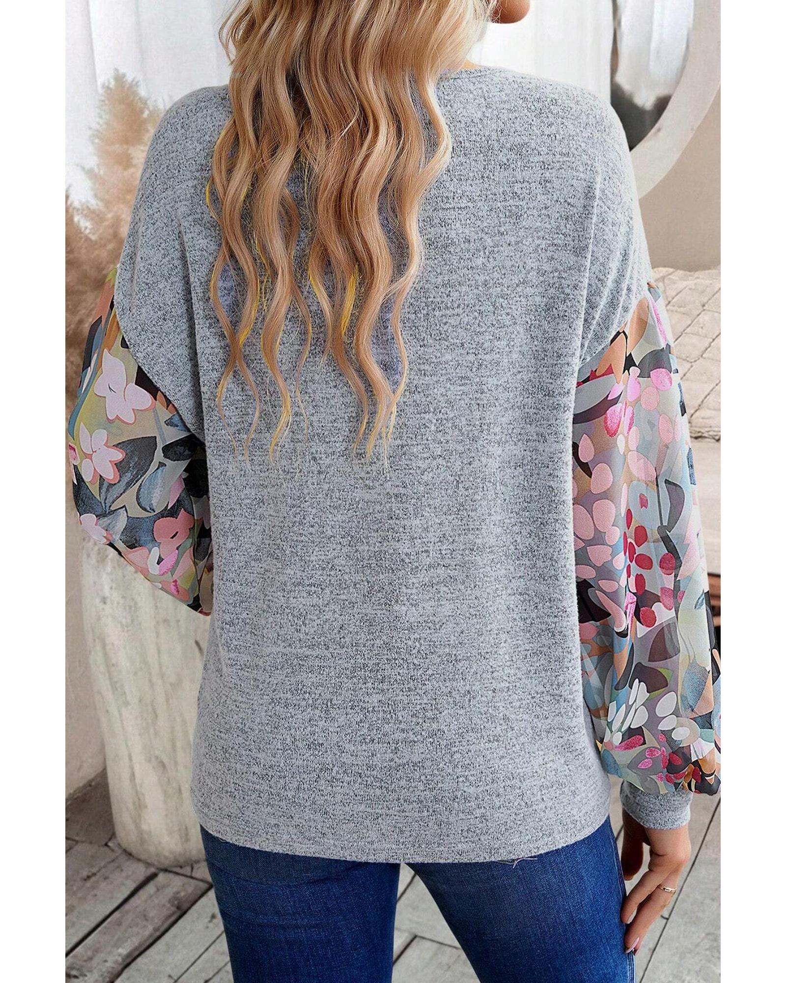 V539-AZEXDC25126945-P11-S-202506120335-00 Gray Floral Lantern Sleeve Patchwork Buttoned V Neck Top - S - Image 1