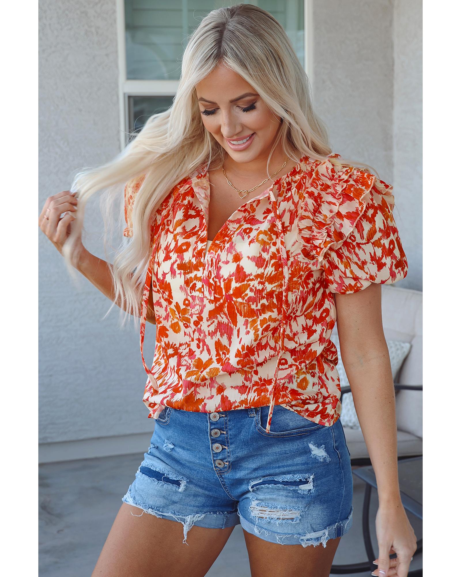 V539-AZEXDC25127229-P1022-XL-202508271840-00 Orange Floral Print Ruffled Short Puff Sleeve Split Neck Blouse - XL - Image 1