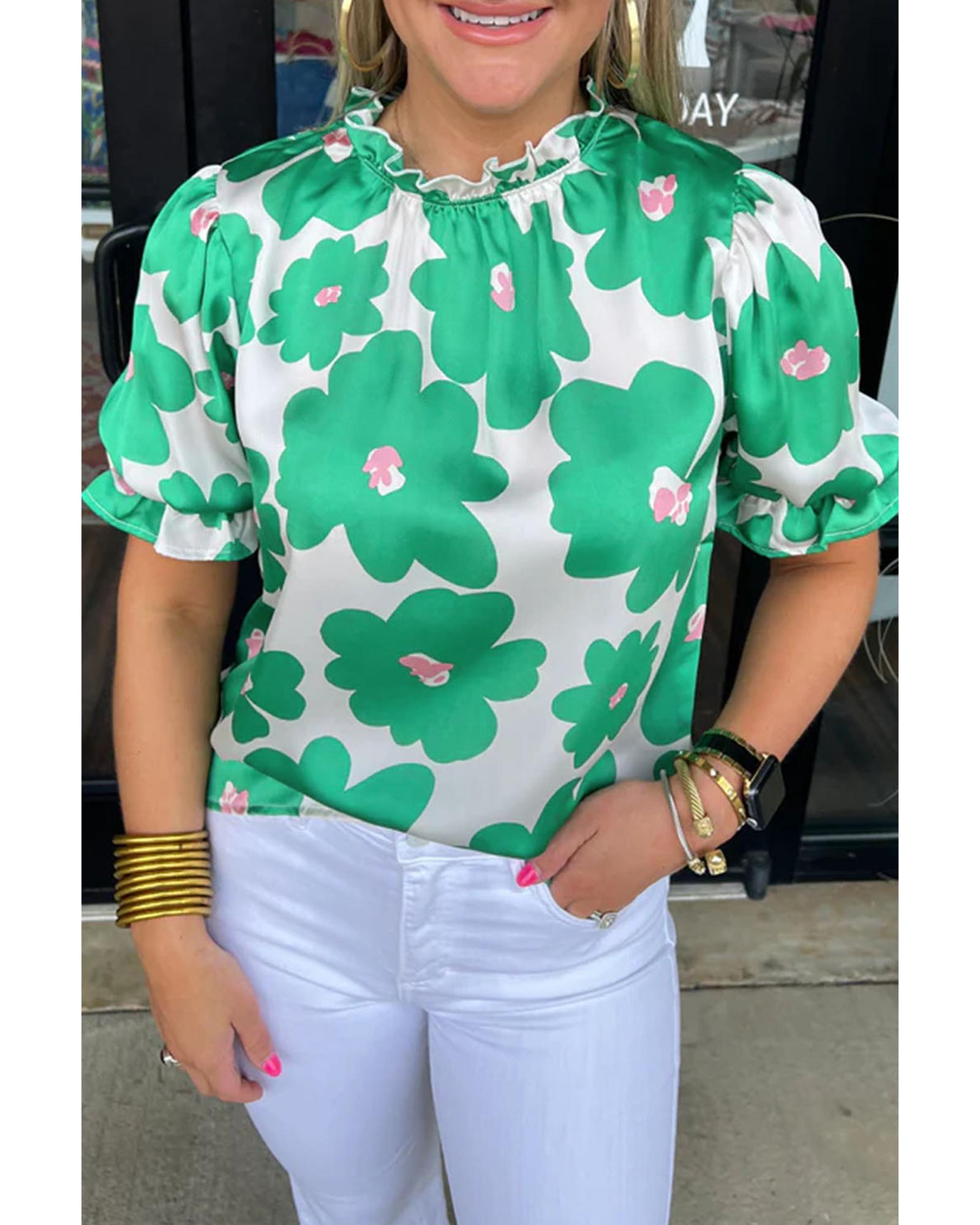 V539-AZEXDC25127364-P920-M-202508270650-00 Green Floral Puff Sleeve Frill Neckline Blouse - M - Image 1