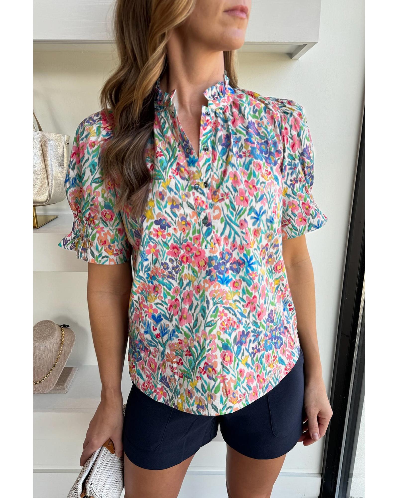 V539-AZEXDC25127470-P1020-L-202508270540-00 Pink Floral Print Button Split Neck Puff Sleeve Blouse - L - Image 1