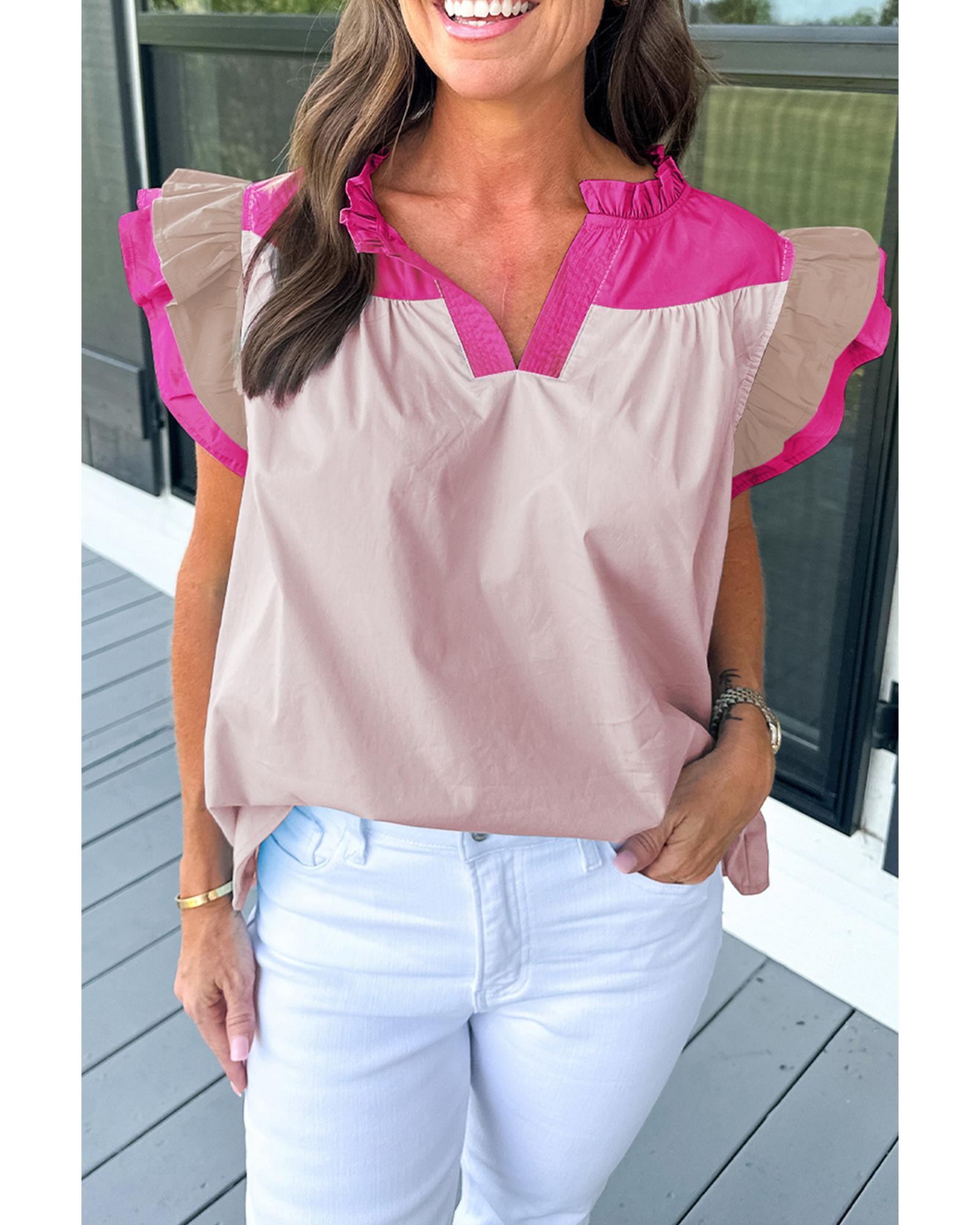 V539-AZEXDC25127521-P10-L-202508271220-00 Pink Colorblock Ruffled Sleeve Frill V Neck Blouse - L - Image 1