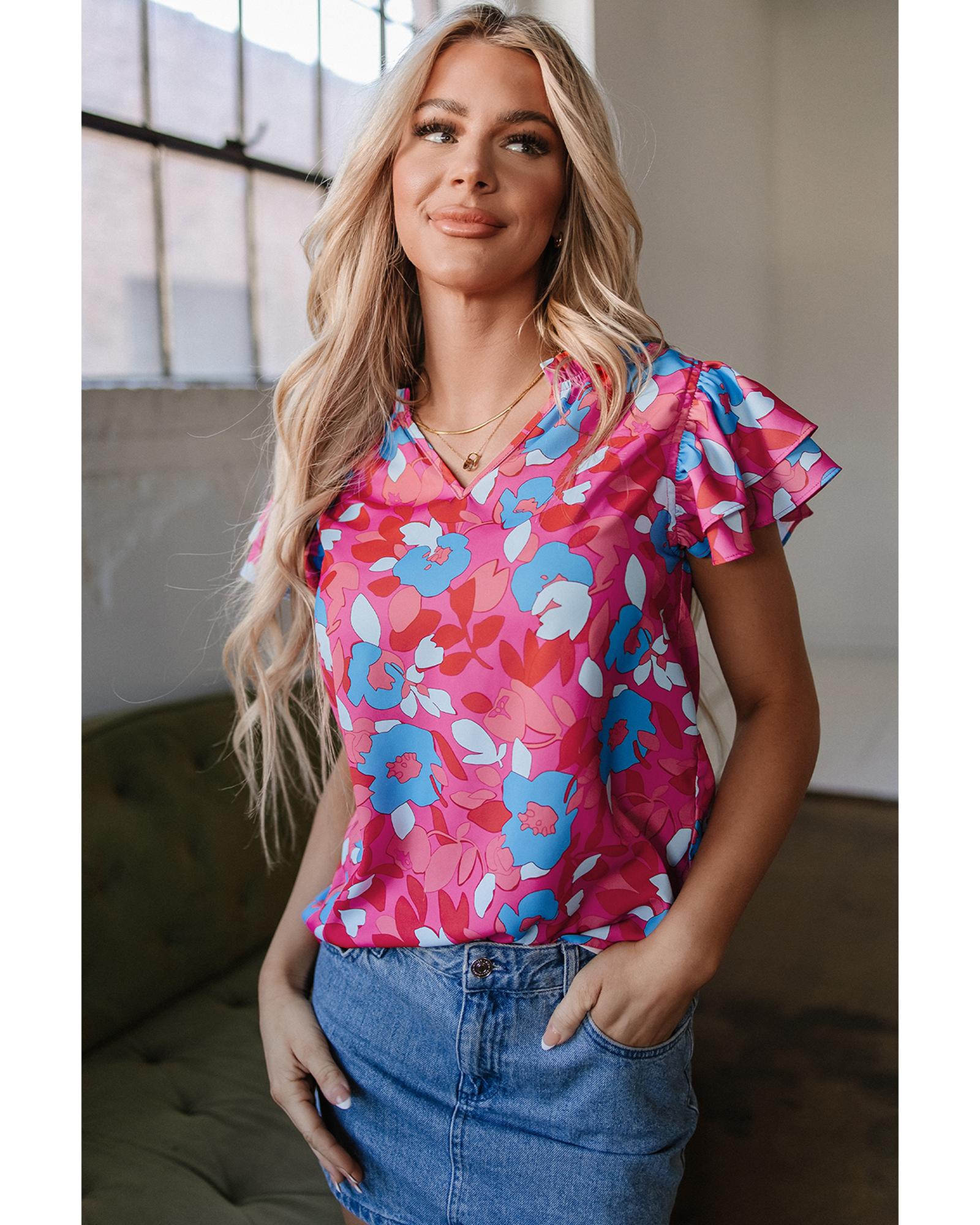 V539-AZEXDC25127523-P622-XL-202508272025-00 Rose Red Ruffled Sleeve Floral Blouse - XL - Image 1