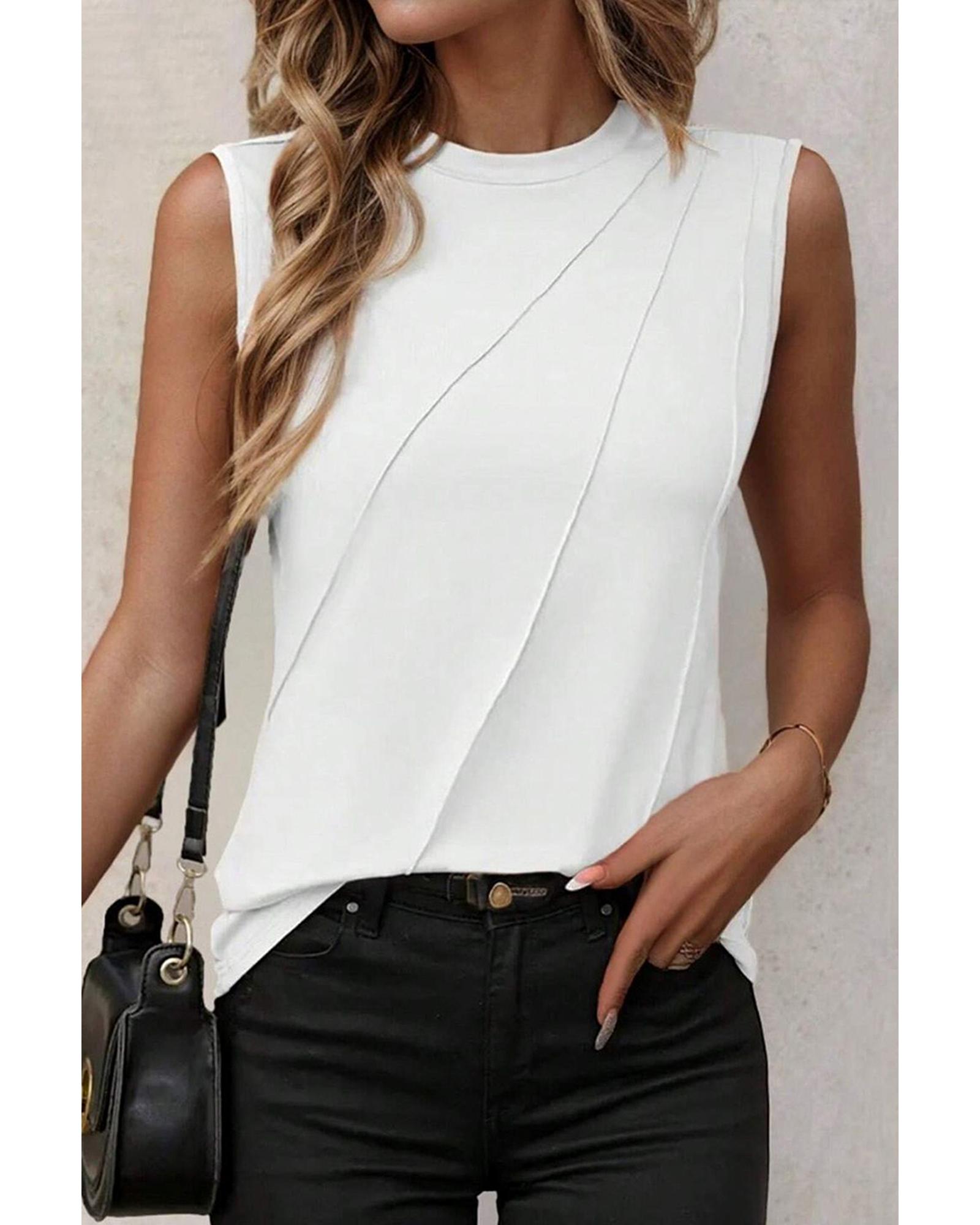 V539-AZEXDC25127653-P1-XL-202508271845-00 White Crew Neck Pleated Tank Top - XL - Image 1