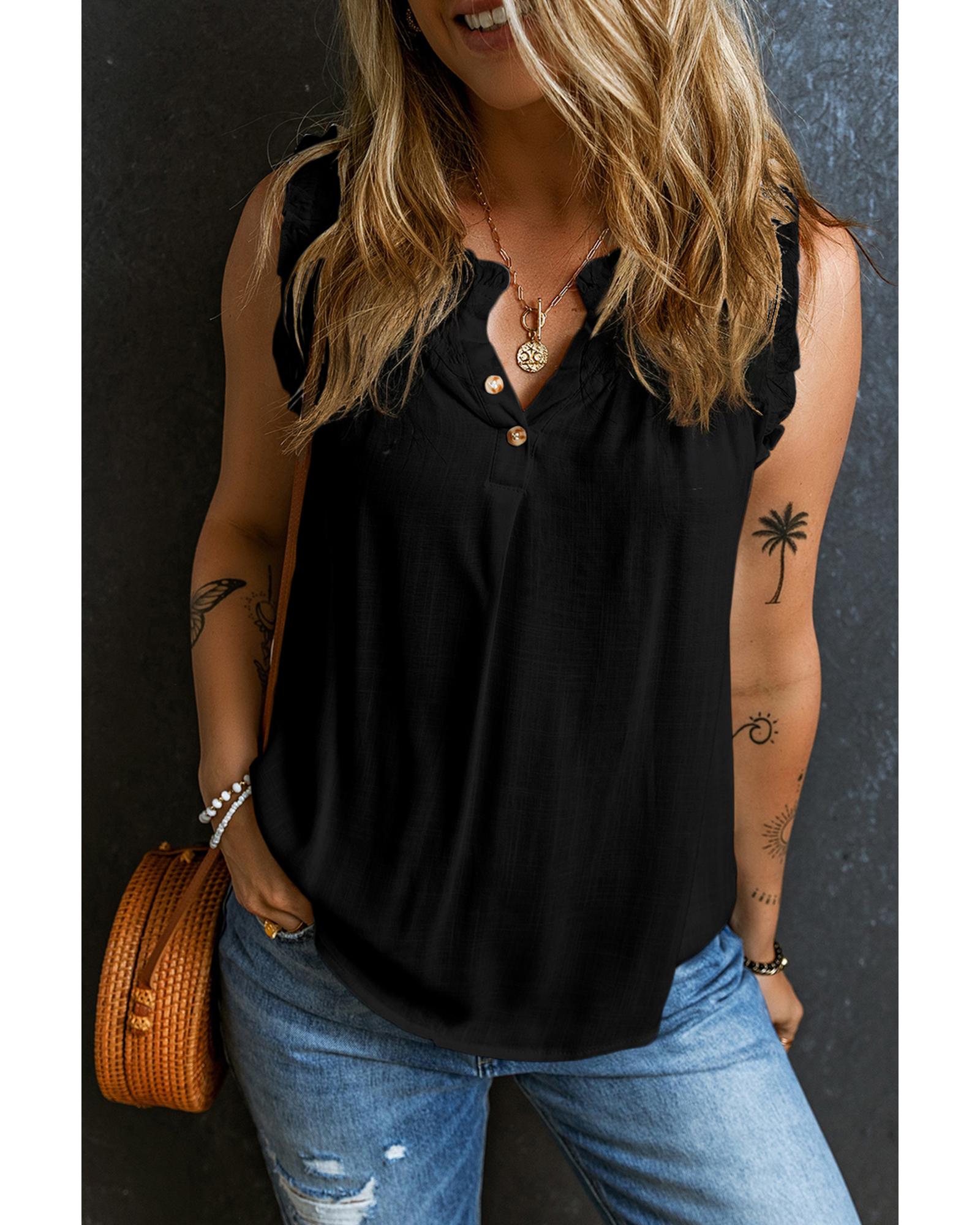 V539-AZEXDC25127752-P2-XL-202508271020-00 Black Button Split Neck Ruffled Trim Tank Top - XL - Image 1