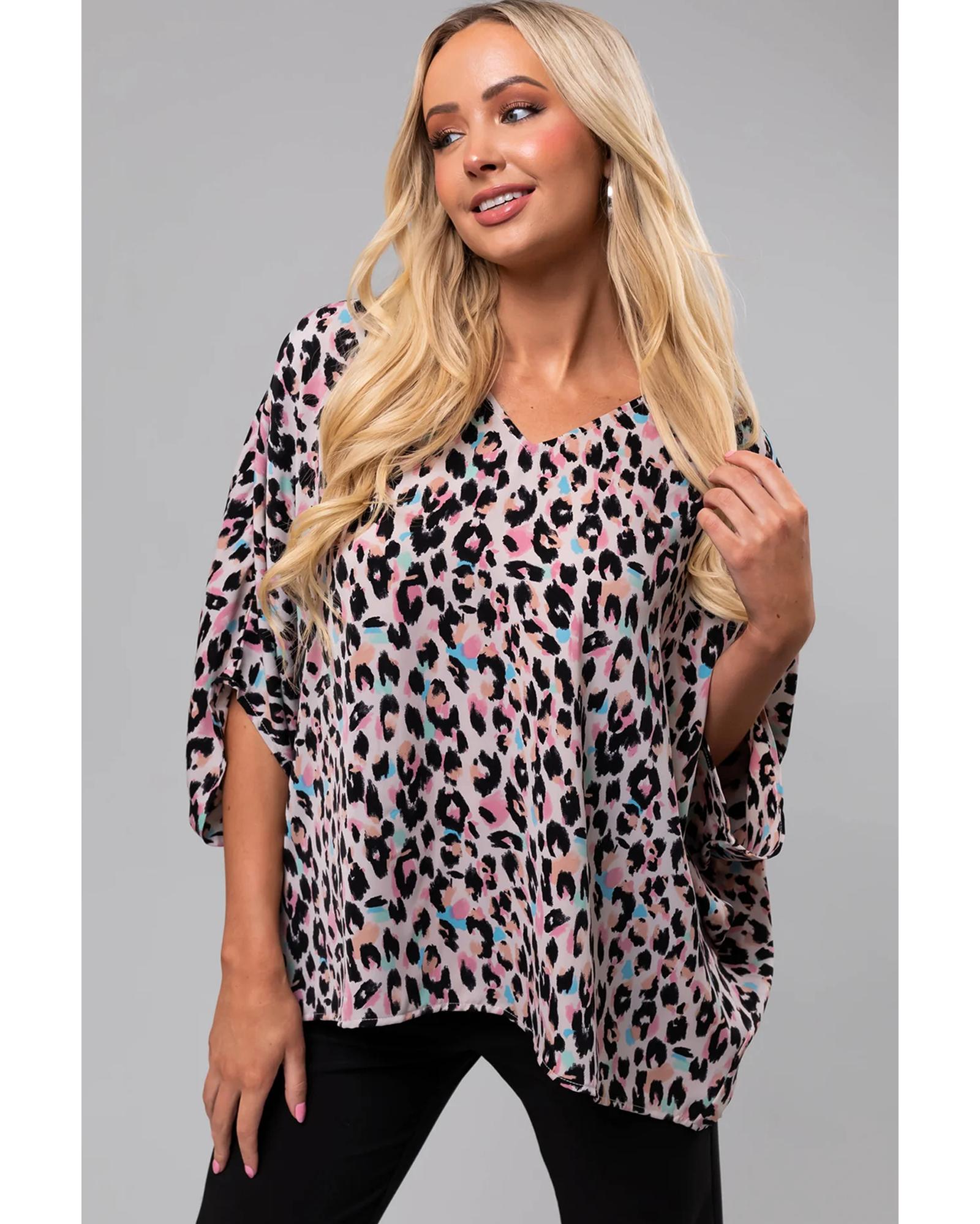 V539-AZEXDC25128104-P1020-M-202508270255-00 Pink Multicolor Leopard Print V Neck Oversized Blouse - M - Image 1