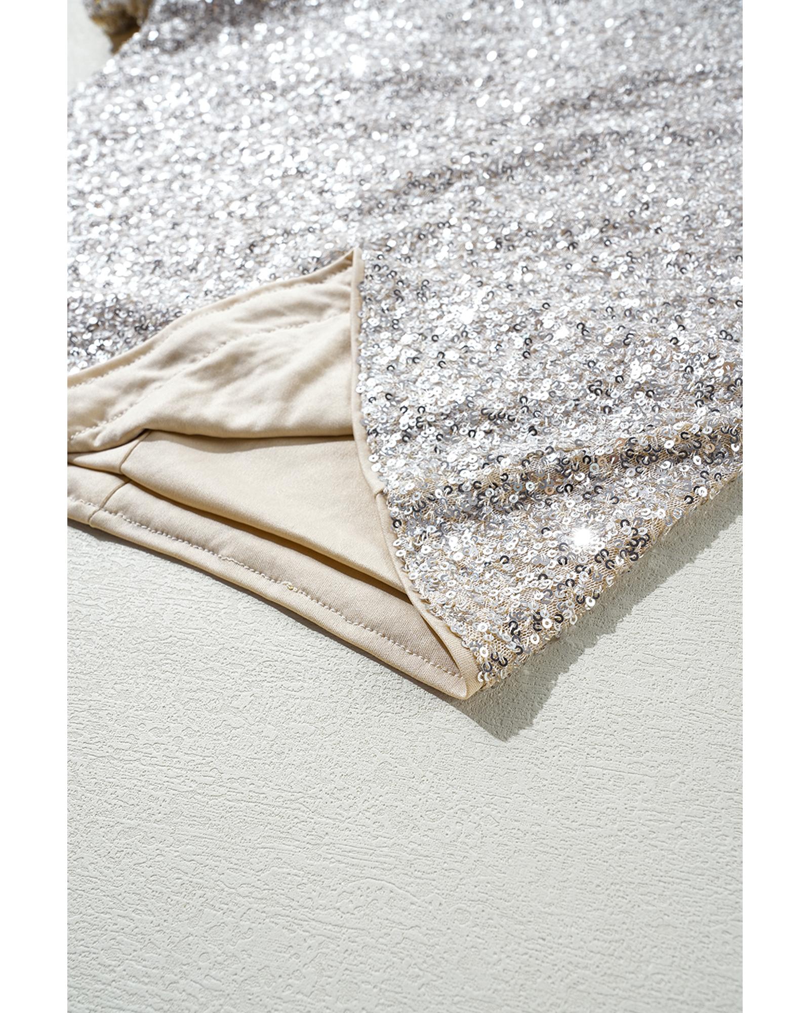 Silvery Sequin Puff Sleeve Cutout Back Blouse - M