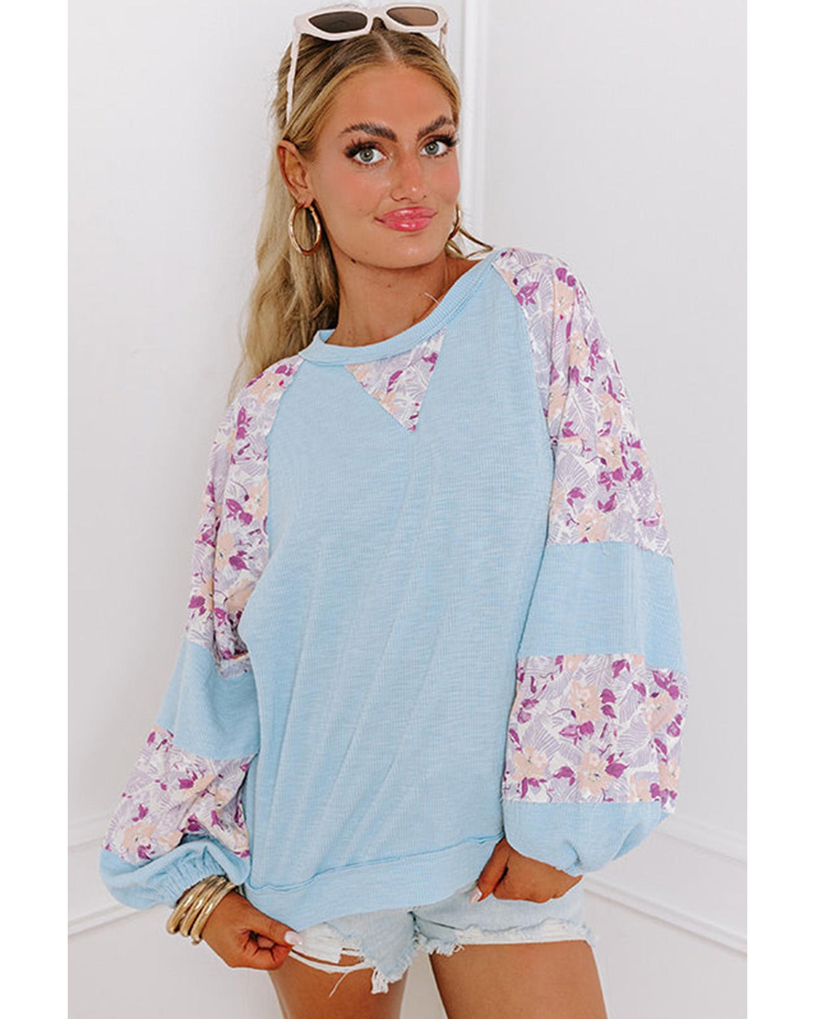 V539-AZEXDC25128275-P804-L-202508272335-00 Beau Blue Textured Floral Patchwork Balloon Sleeve Blouse - L - Image 1