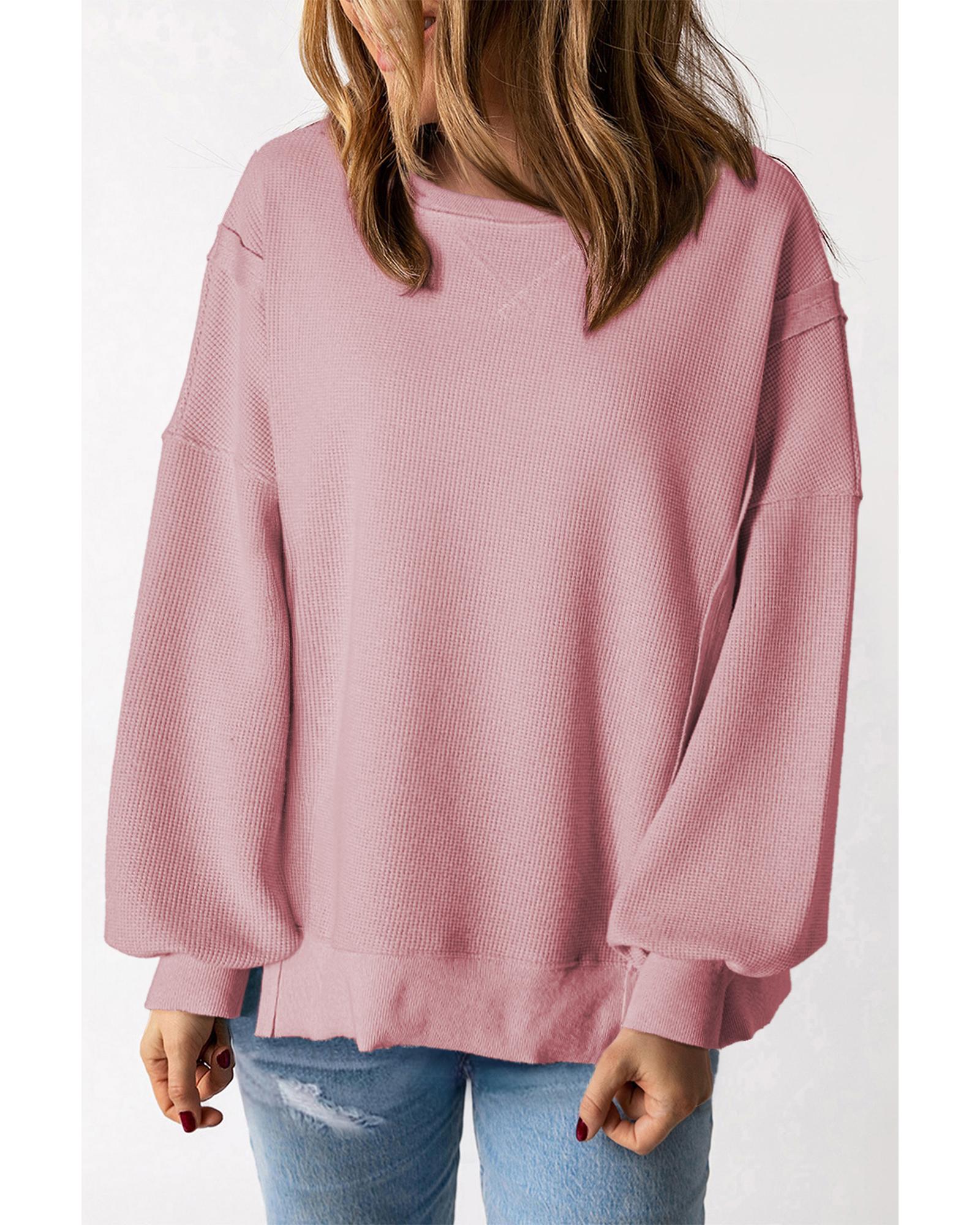 V539-AZEXDC25128307-P10-2XL-202508271530-00 Pink Waffle Knit Bishop Sleeve Split Oversized Sweatshirt - 2XL - Image 1