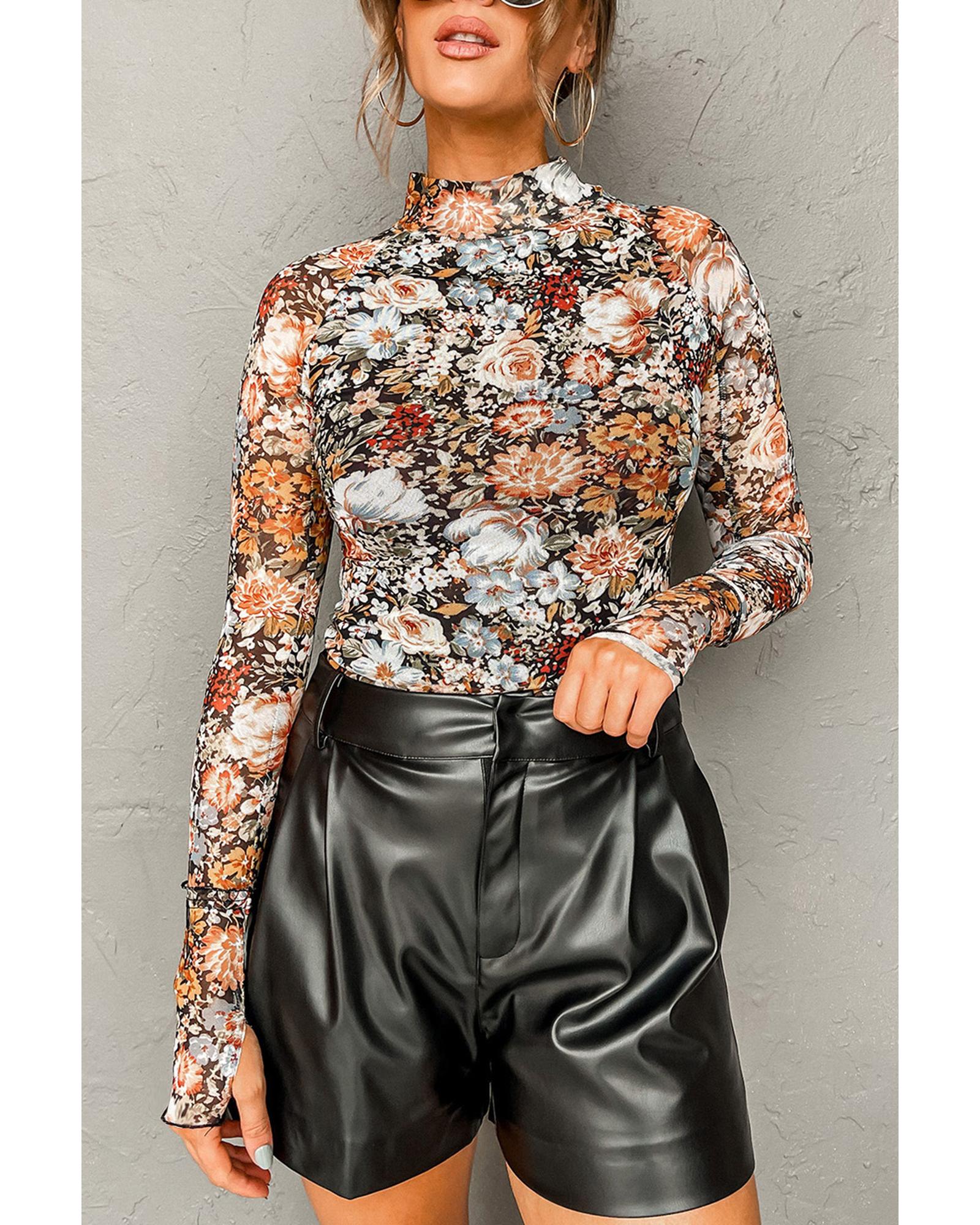 V539-AZEXDC25128308-P1720-XL-202508270950-00 Brown Floral Long Sleeve High Neck Sheath Mesh Blouse - XL - Image 1