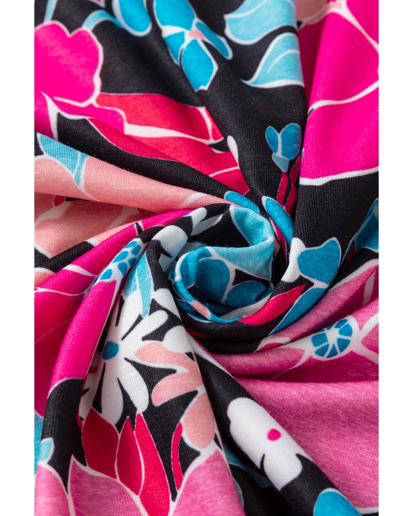 V539-AZEXDC25128328-P1020-L-202508271120-00 Pink Floral V Neck Roll Tab Sleeve Blouse - L - Image 1
