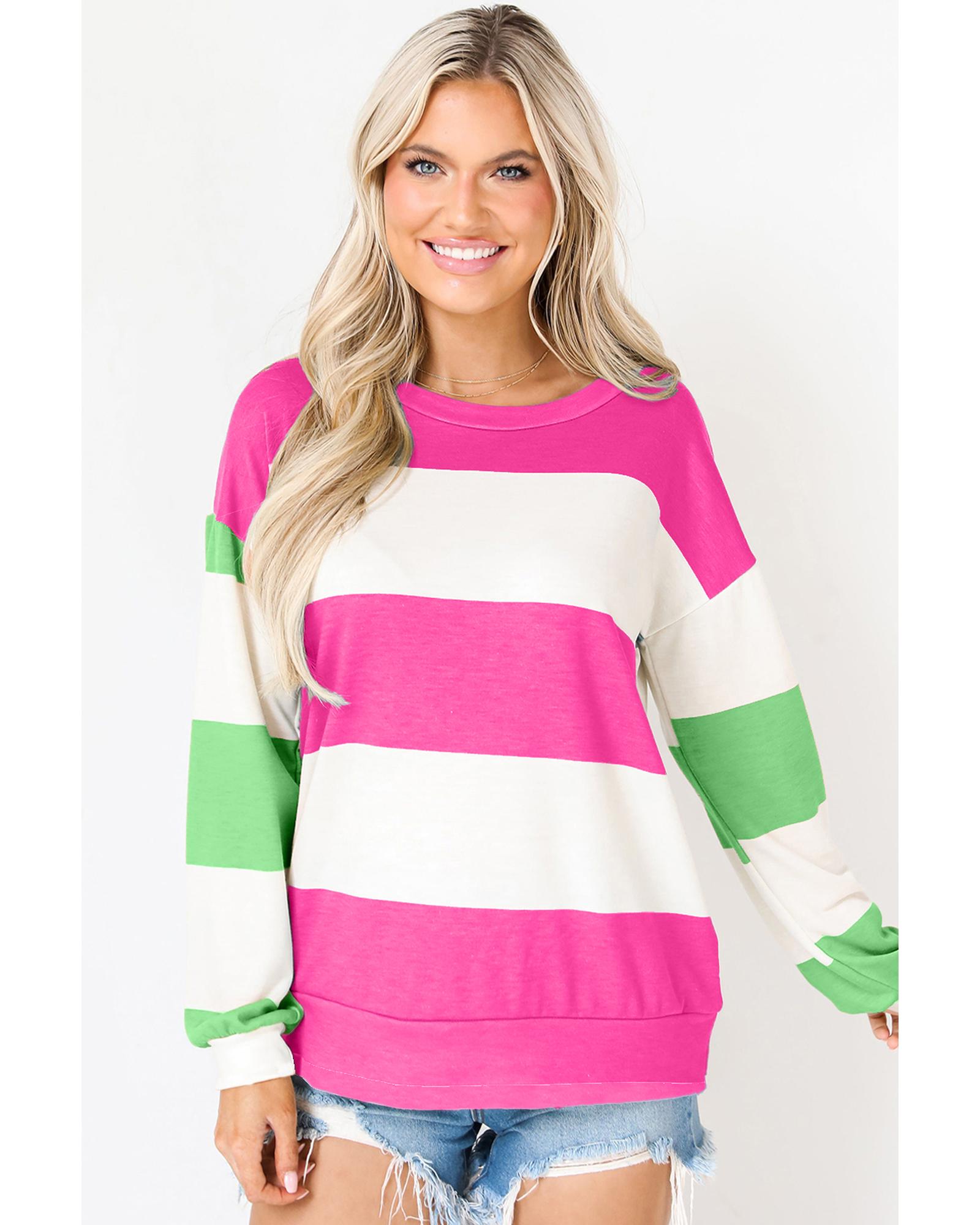 V539-AZEXDC25128406-P6-M-202508271630-00 Rose Red Colorblock Striped Drop Shoulder Long Sleeve Top - M - Image 1