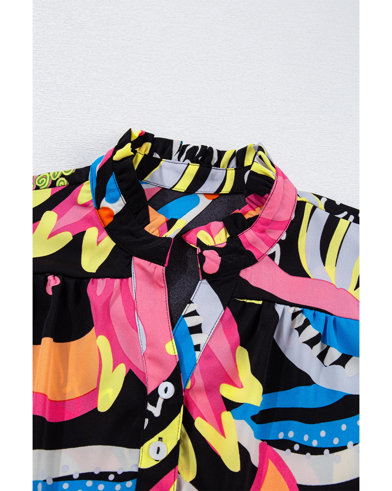 V539-AZEXDC25128414-P220-XL-202508272225-00 Black Abstract Print Ruffled Sleeve Buttoned V Neck Blouse - XL - Image 1