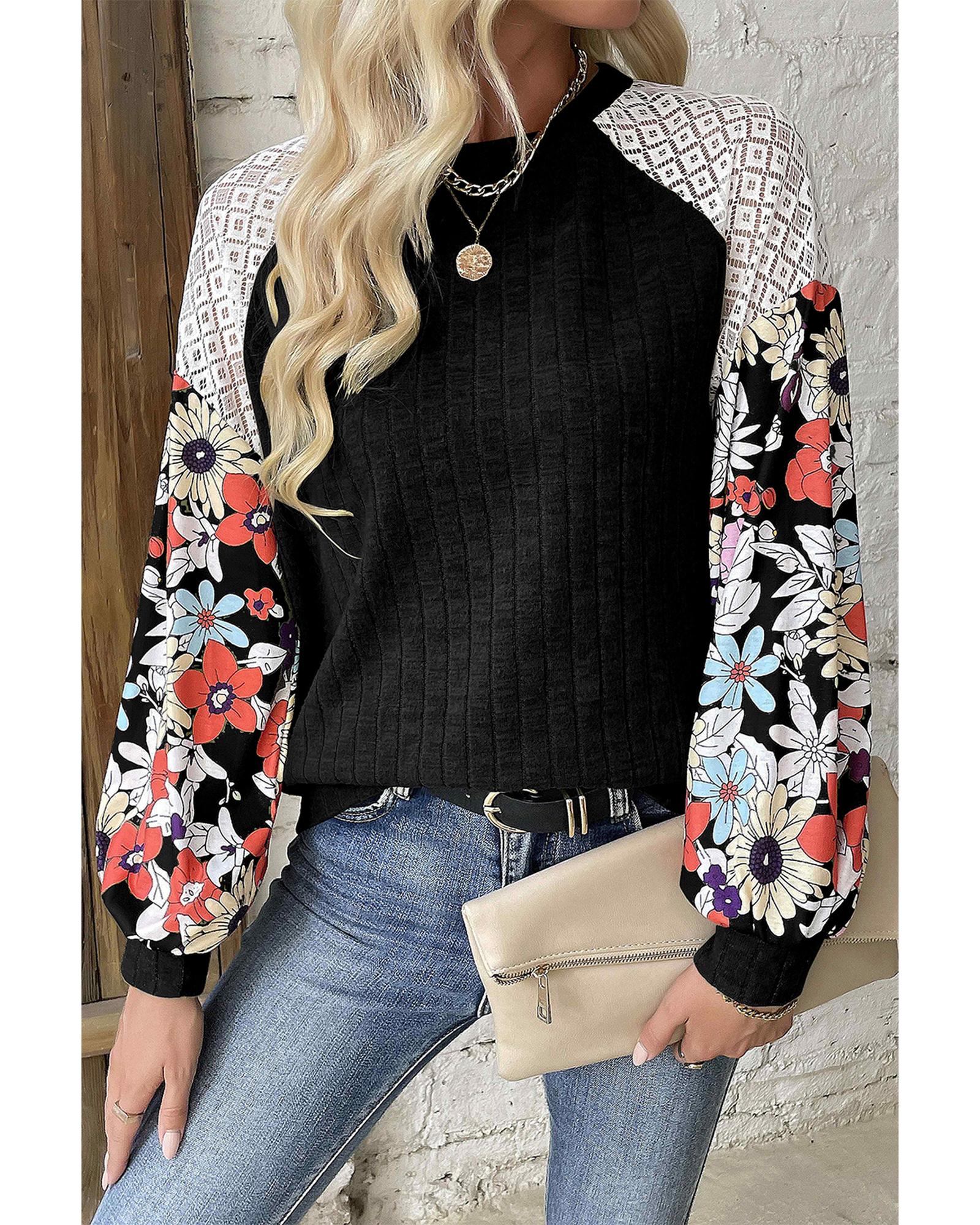 V539-AZEXDC25128503-P2-S-202506120316-00 Black Floral Patchwork Long Sleeve Ribbed Blouse - S - Image 1