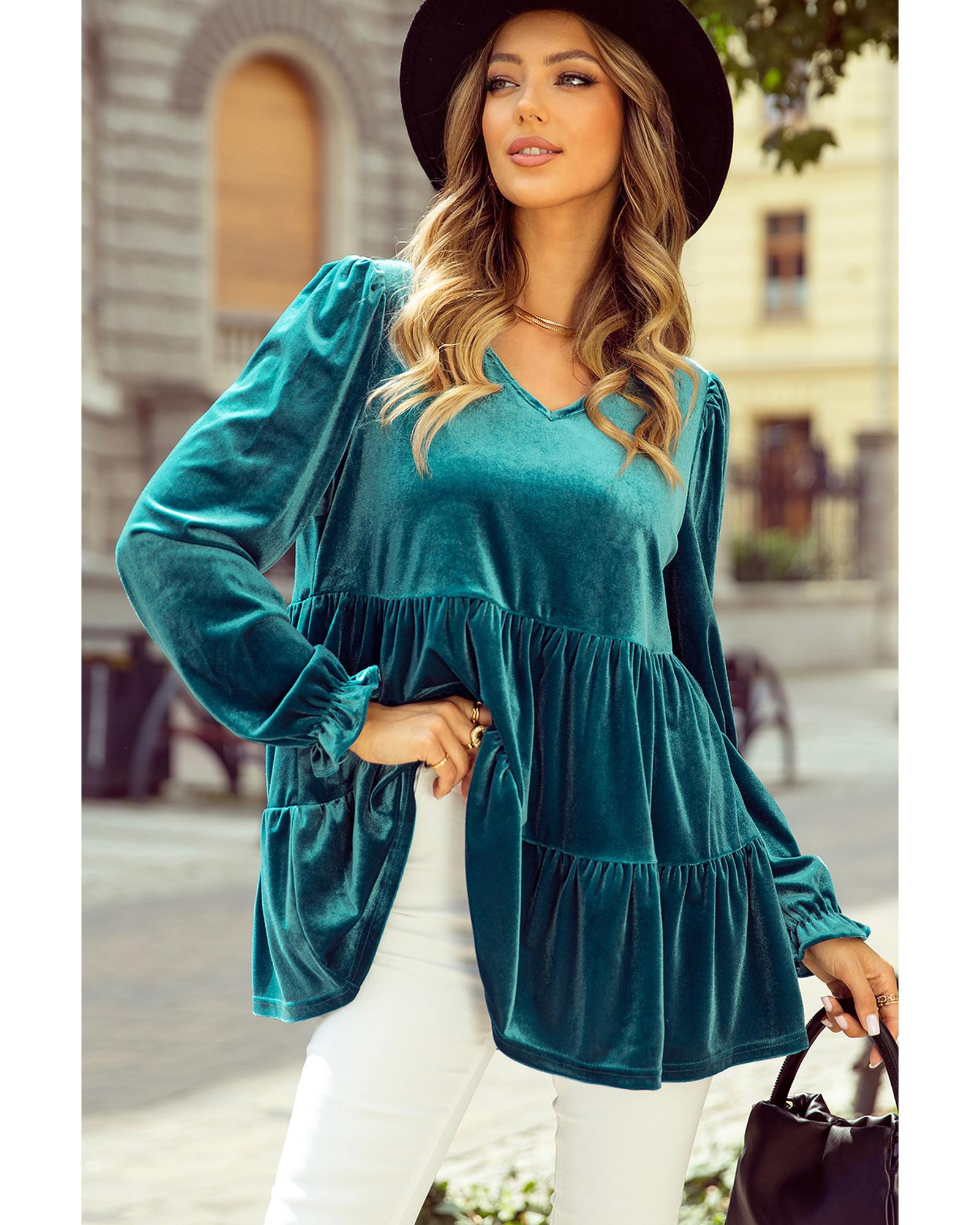 V539-AZEXDC25128641-P1709-XL-202508280000-00 Sea Green Velvet V Neck Peplum Hem Puff Sleeve Blouse - XL - Image 1