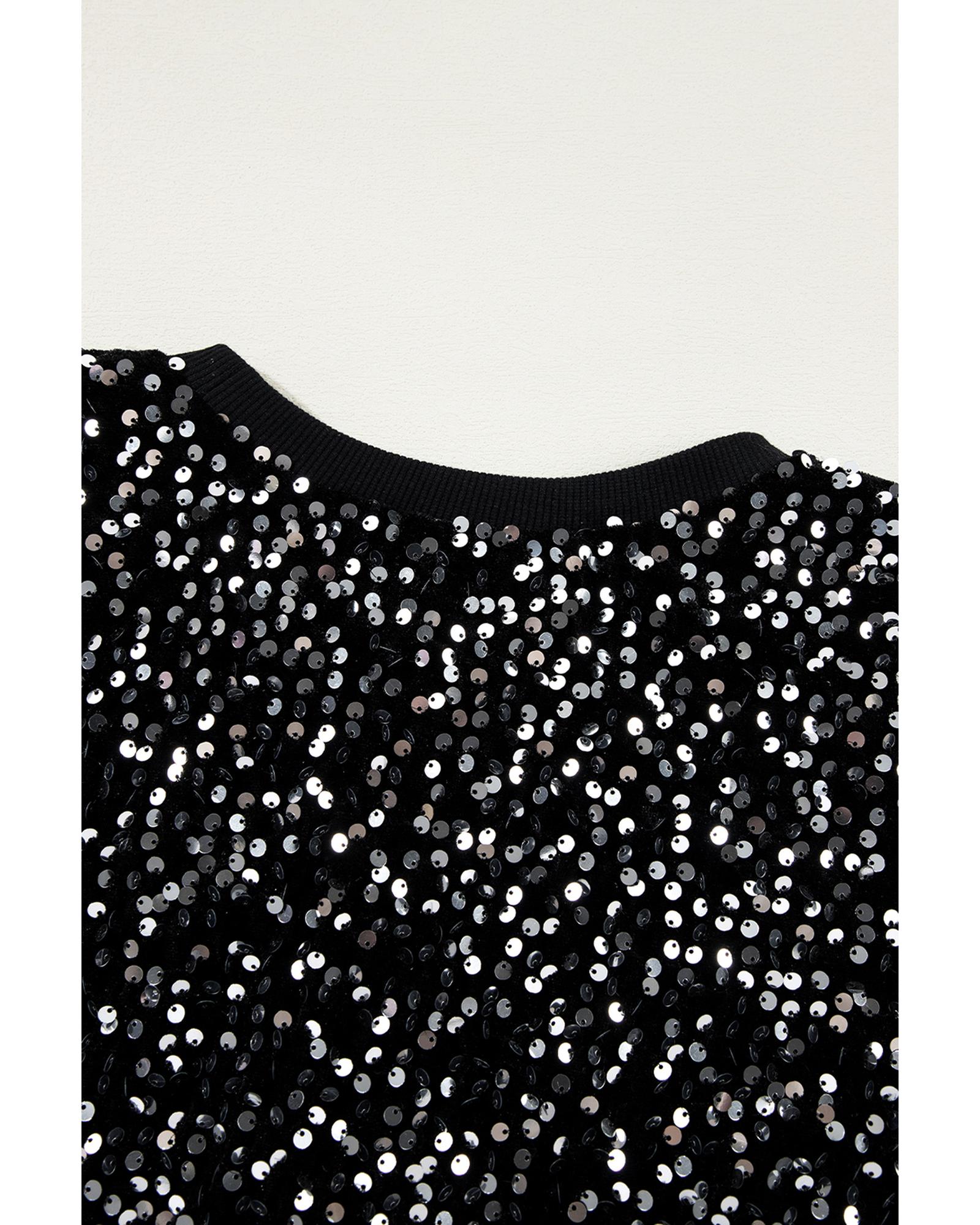V539-AZEXDC25128657-P2-XL-202508270655-00 Black Sequined Long Sleeve Crew Neck Cropped Blouse - XL - Image 1