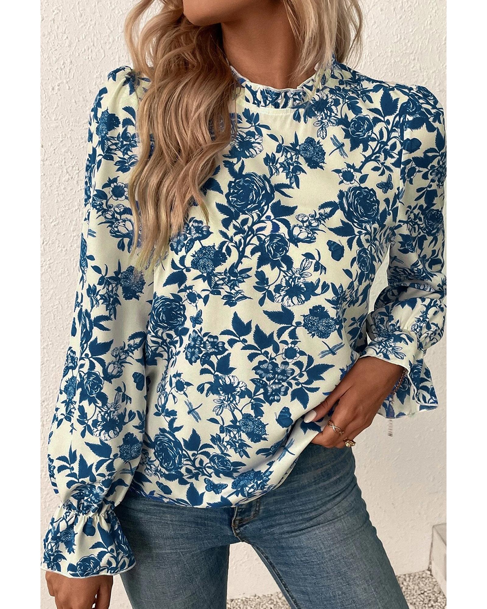 Sky Blue Floral Print Flounce Sleeve Keyhole Back Blouse - XL