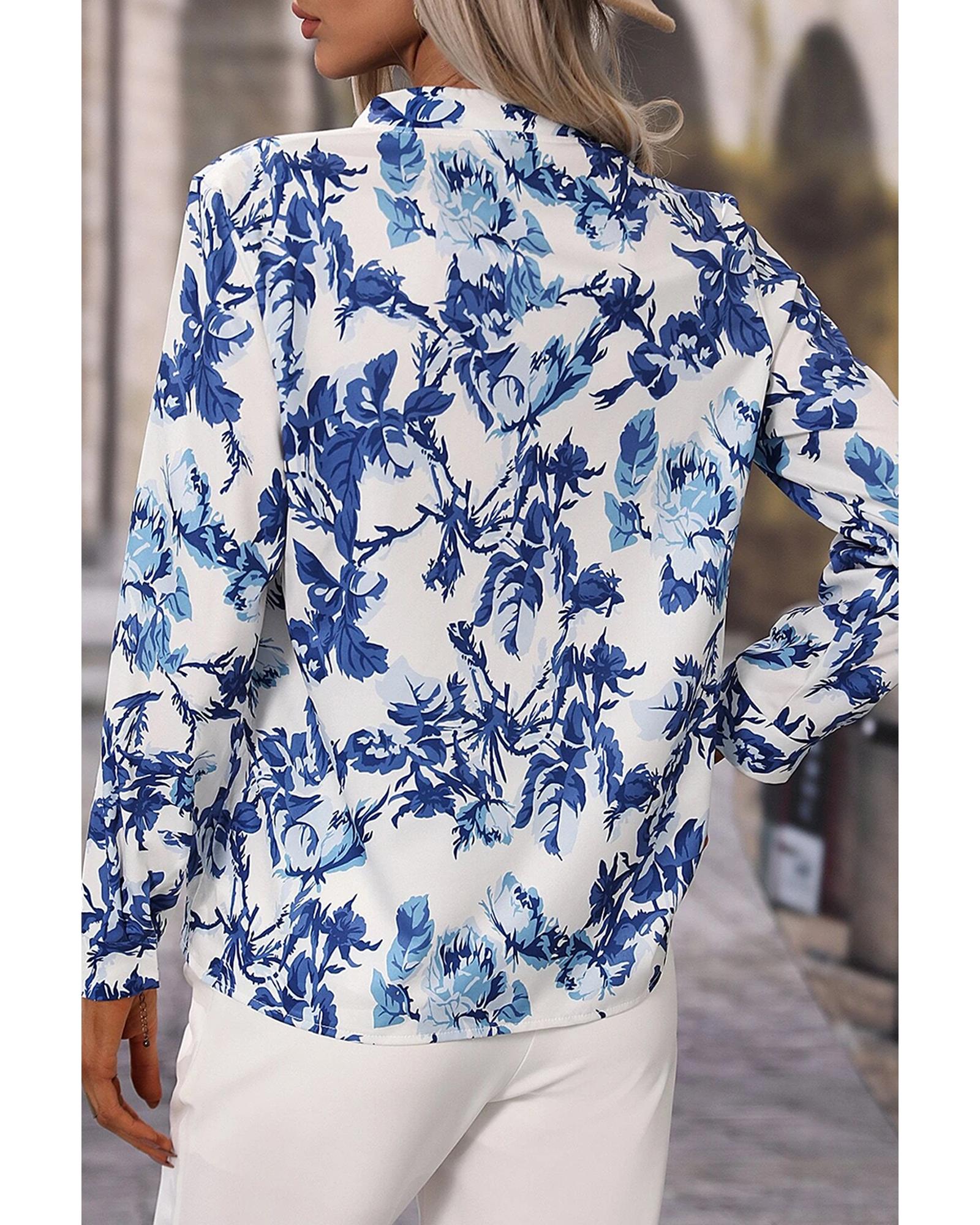 V539-AZEXDC25128666-P420-S-202506120427-00 Sky Blue Floral Print Notched Neck Elegant Blouse - S - Image 1