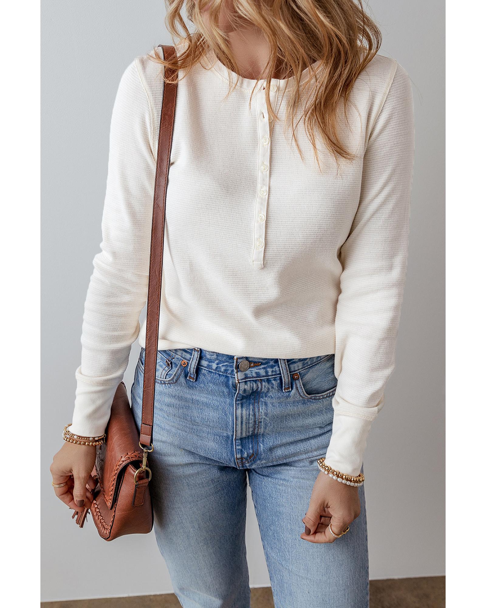 V539-AZEXDC25128669-P101-XL-202508271915-00 White Solid Color Waffle Half Button Long Sleeve Top - XL - Image 1