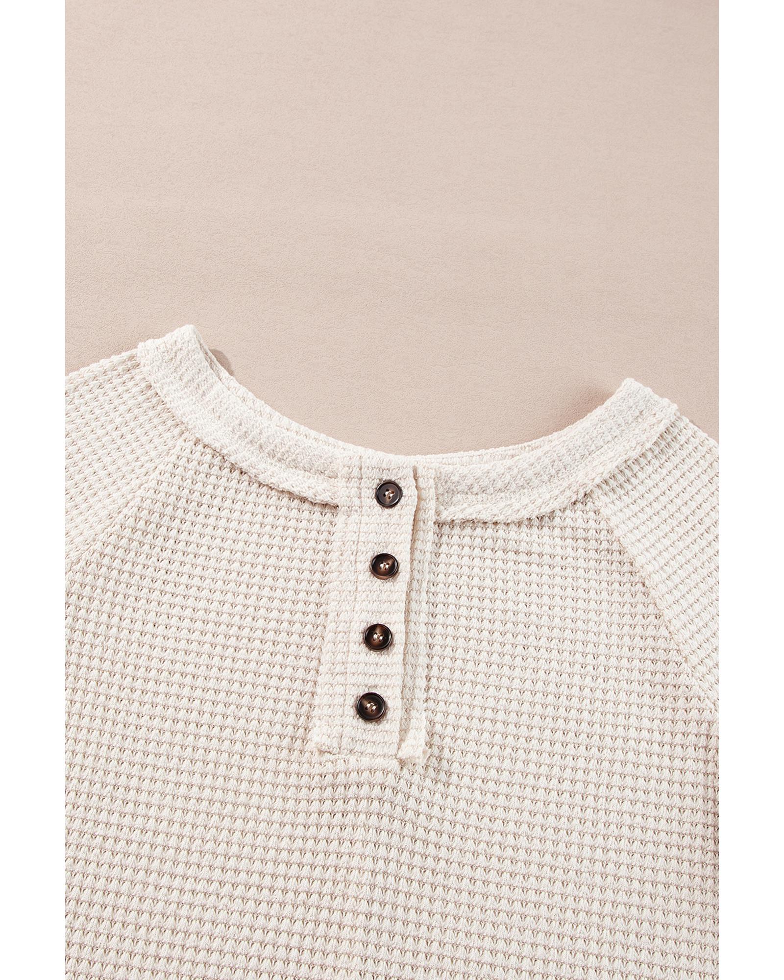 V539-AZEXDC25128682-P1015-L-202508270545-00 Oatmeal Waffle Knit Buttoned Front Raglan Sleeve Loose Blouse - L - Image 1