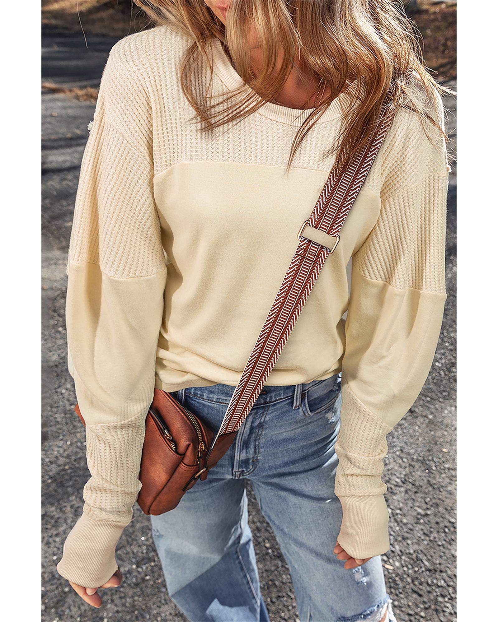 V539-AZEXDC25128687-P15-L-202508272030-00 Beige Thermal Knit Patchwork Exposed Seam Long Sleeve Top - L - Image 1