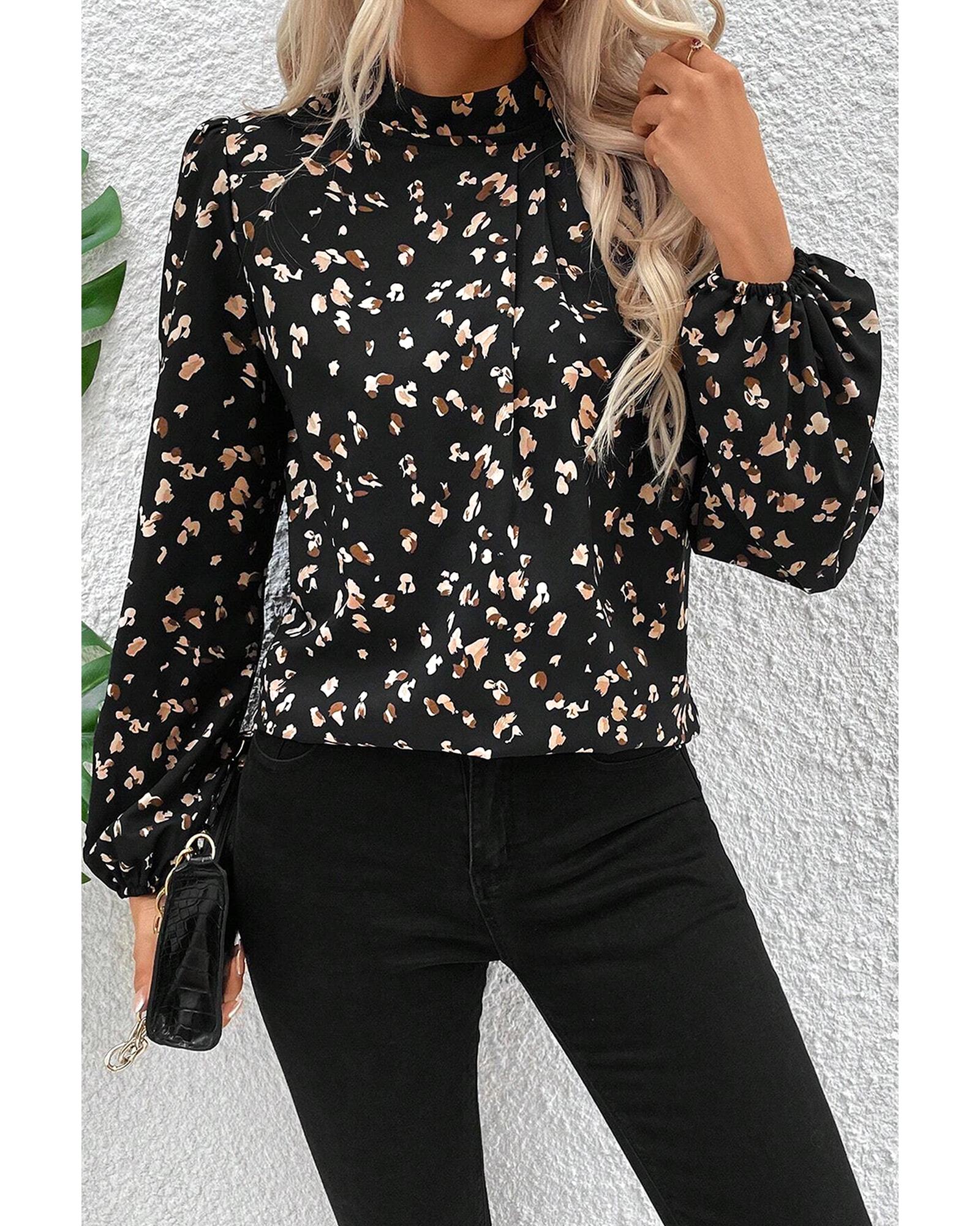 V539-AZEXDC25128703-P220-L-202506120526-00 Black Leopard Print Lantern Sleeve Mock Neck Pleated Blouse - L - Image 1