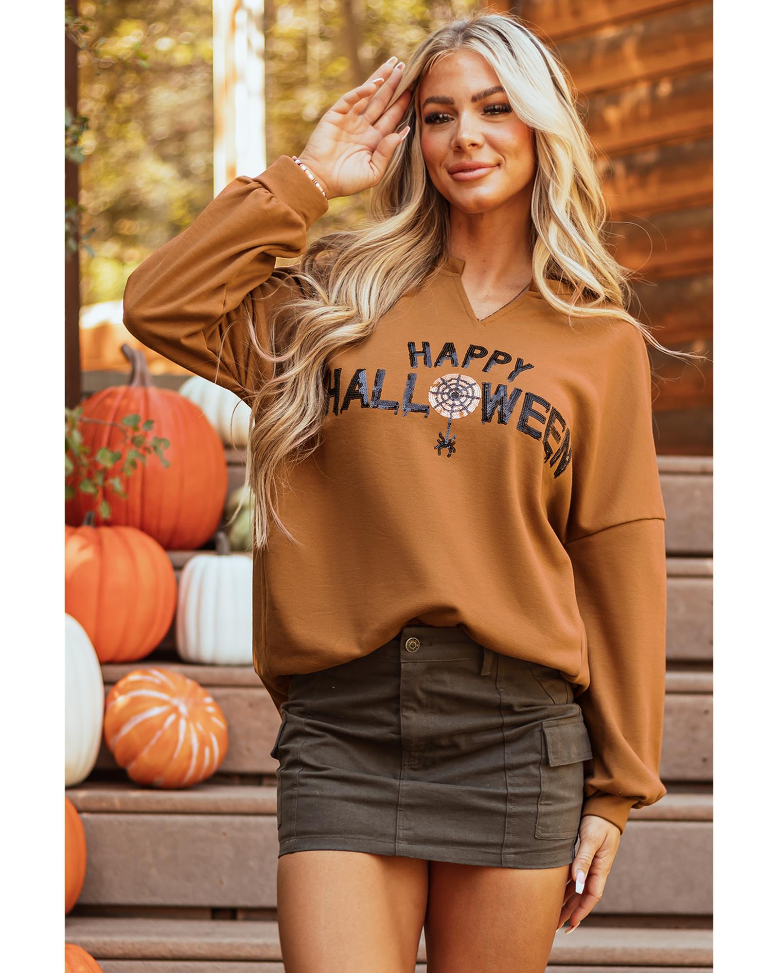 V539-AZEXDC25128756-P2017-XL-202508270430-00 Chestnut Sequin Happy Halloween Graphic Notched Neck Long Sleeve Loose Top - XL - Image 1