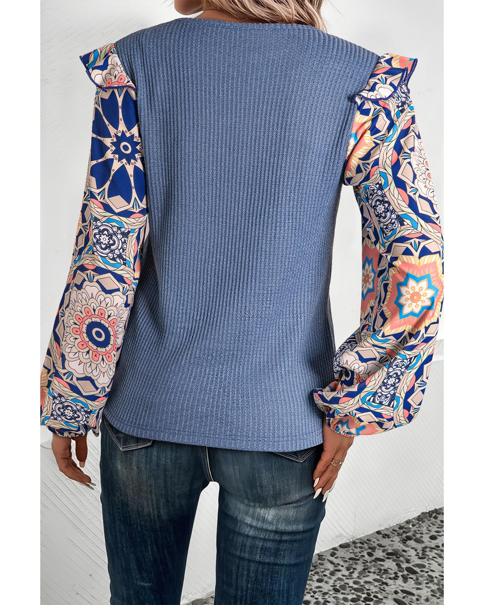 V539-AZEXDC25128758-P604-S-202506120605-00 Ashleigh Blue Ruffled Floral Sleeve Patchwork Waffle Knit O Neck Blouse - S - Image 1