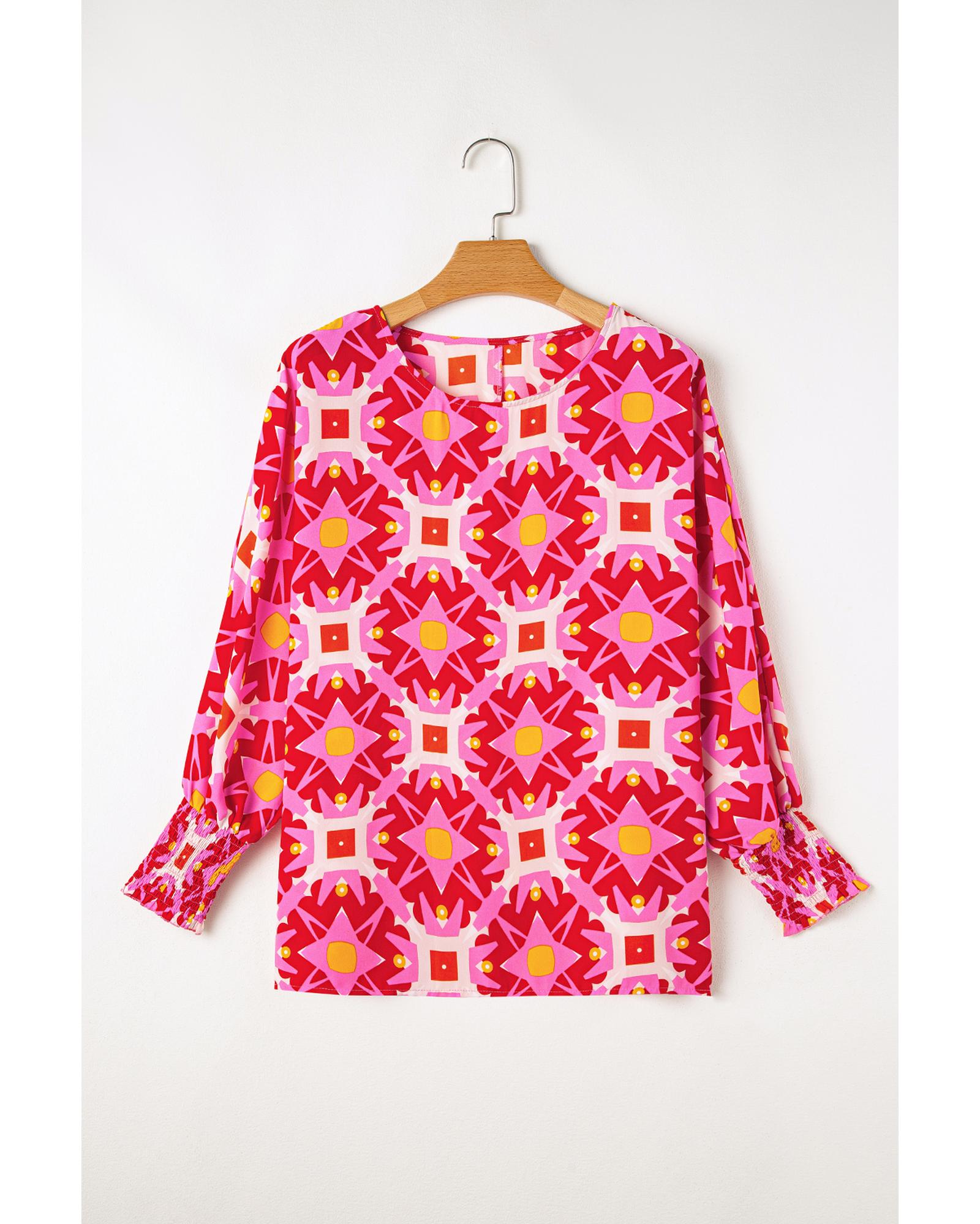 V539-AZEXDC25128765-P306-L-202508270705-00 Strawberry Pink Geometric Print Shirred Cuff 3/4 Sleeve Loose Blouse - L - Image 1