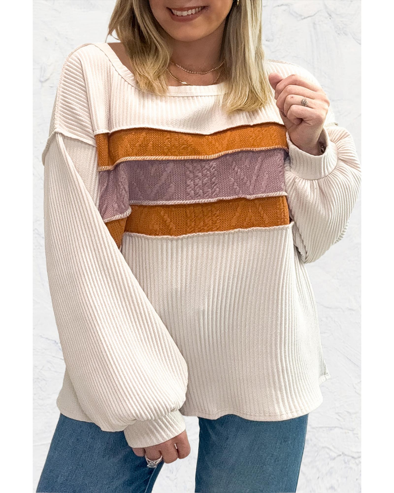 V539-AZEXDC25128790-P101-M-202508270605-00 White Corded Exposed Seam Knit Patchwork Drop Sleeve Top - M - Image 1