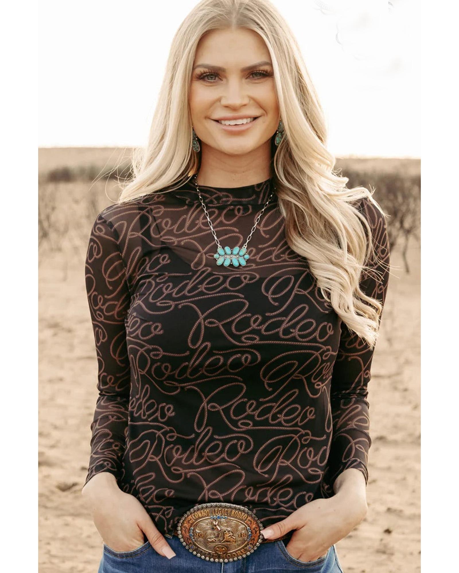 V539-AZEXDC25128842-P220-M-202508271120-00 Black Western Rodeo Printed Mock Neck Long Sleeve Mesh Top - M - Image 1