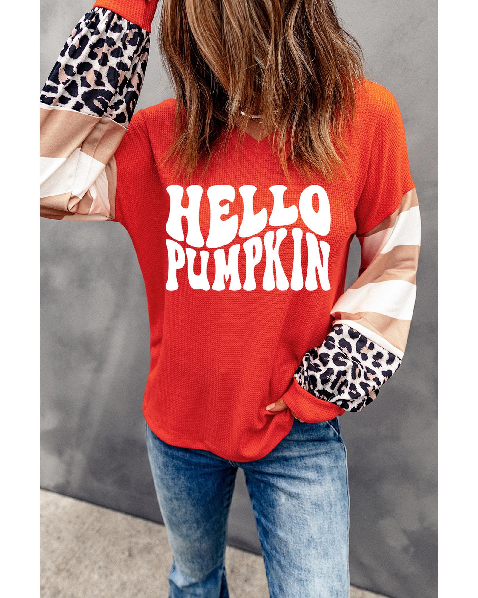 V539-AZEXDC25128865-3-S-202506120752-00 Red Hello Pumpkin Graphic Leopard Striped Colorblock Sleeve V Neck Top - S - Image 1