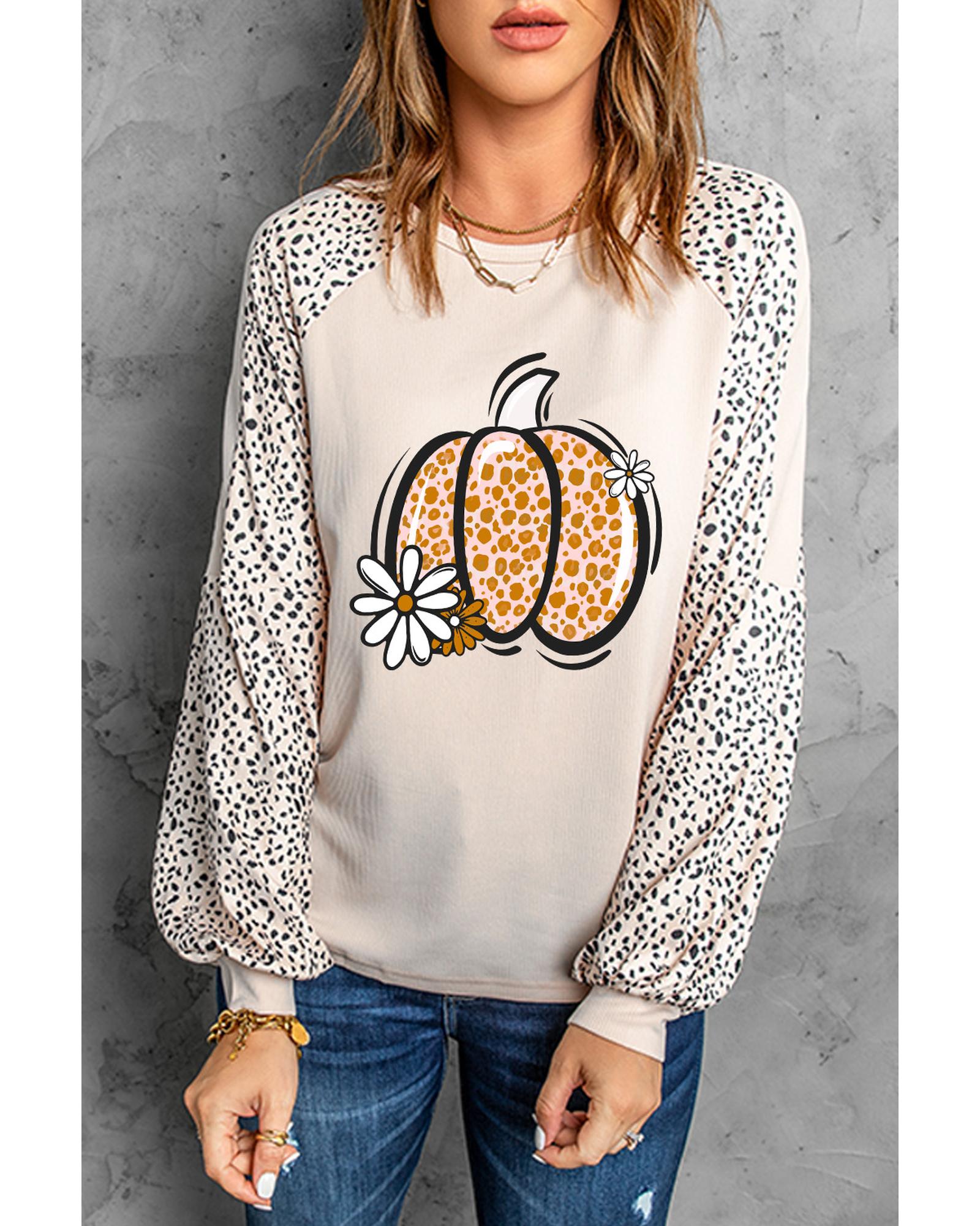 V539-AZEXDC25128866-16-L-202508270235-00 Khaki Leopard Raglan Long Sleeve Floral Pumpkin Graphic Top - L - Image 1