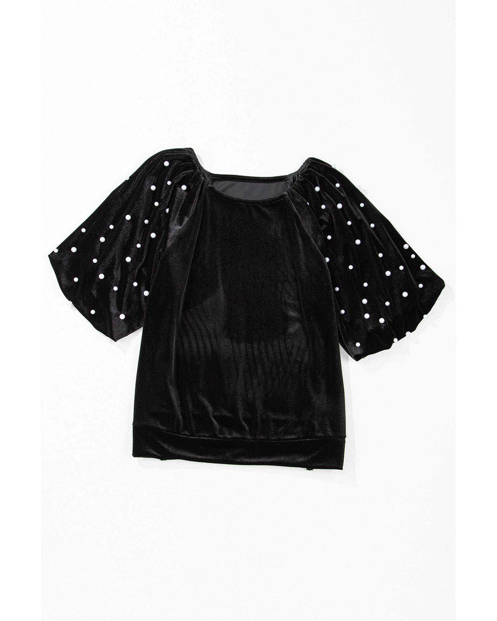 V539-AZEXDC25128934-P2-XL-202508270910-00 Black Pearl Beaded Half Sleeve Velvet Top - XL - Image 1