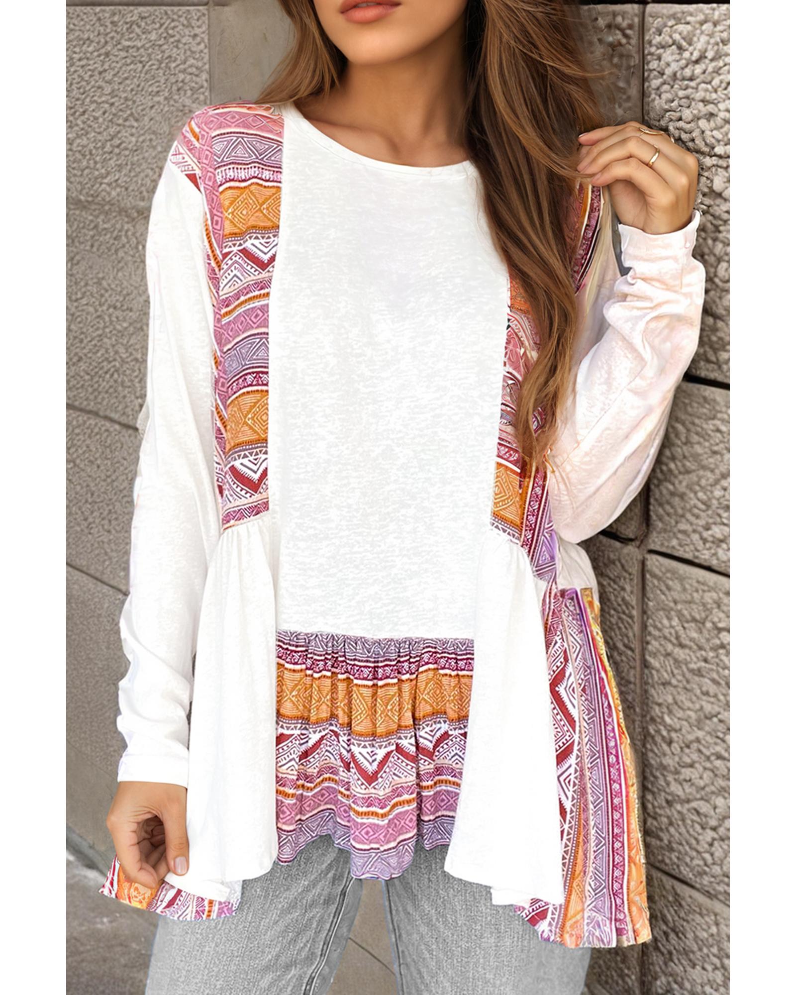 V539-AZEXDC25128984-P101-XL-202508270835-00 White Western Aztec Print Patchwork Ruffled Tunic Long Sleeve Babydoll Top - XL - Image 1