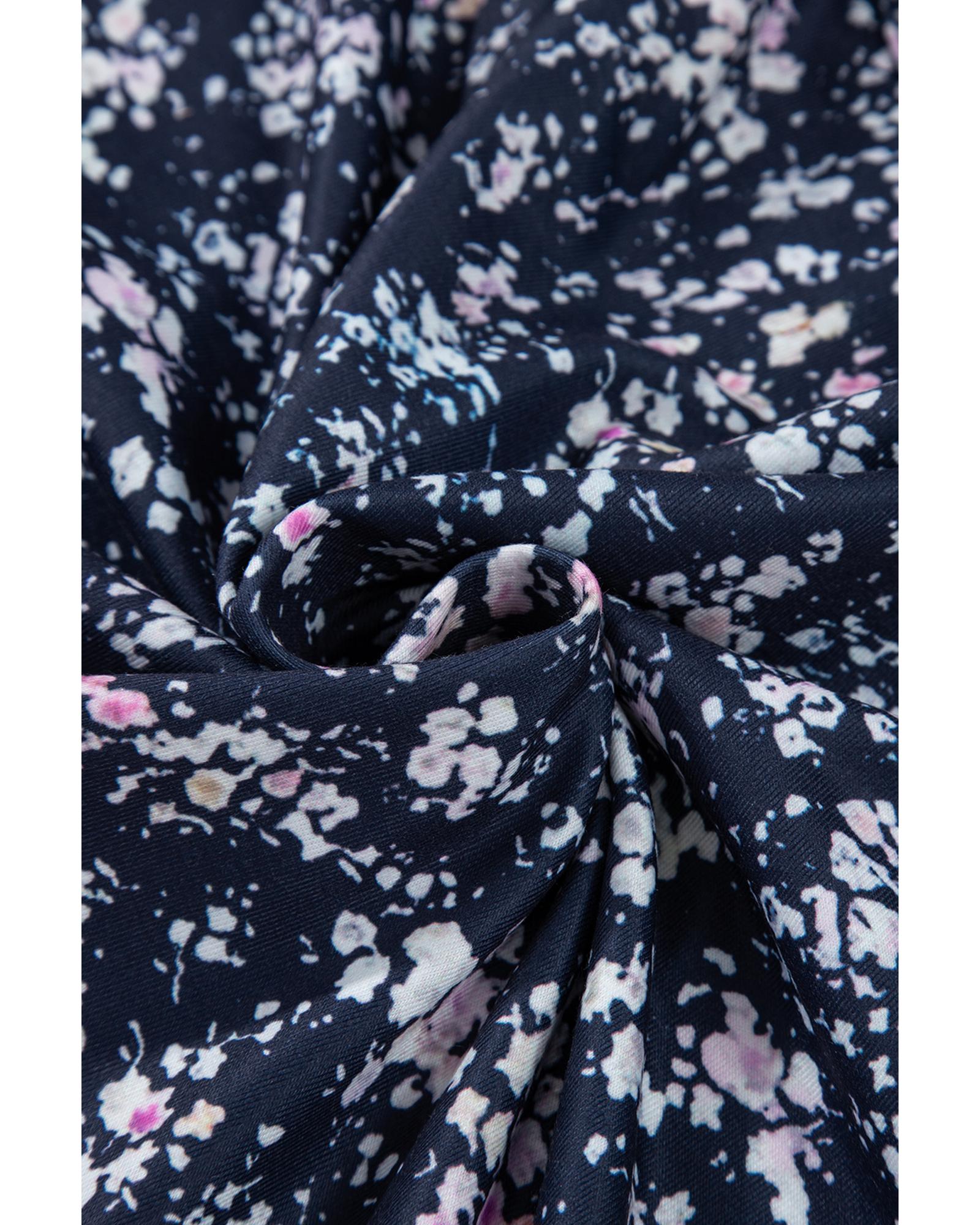 V539-AZEXDC25128989-P520-S-202508271925-00 Blue Floral Color Block Patchwork Ruffled Hem Round Neck Blouse - S - Image 1